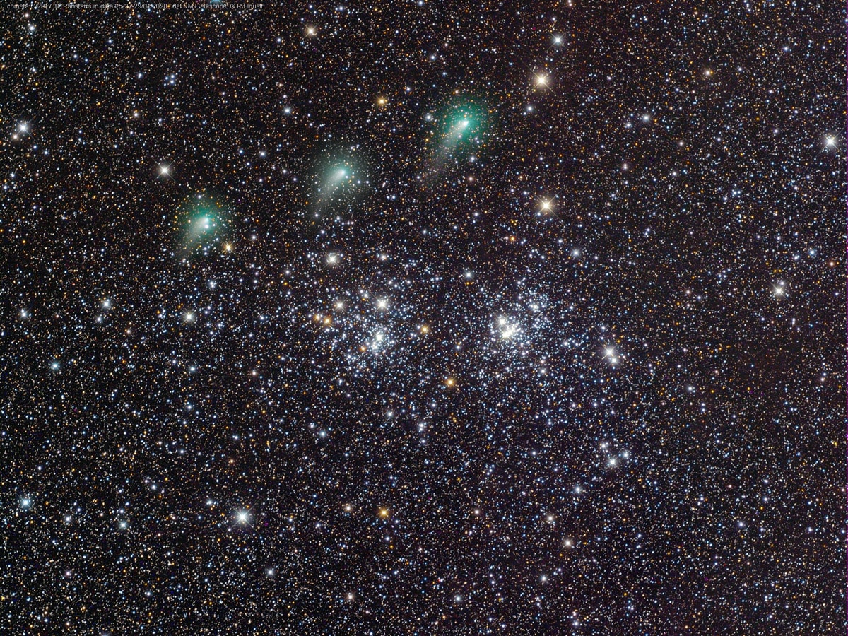 This lovely starfield spans some four full moons (about 2 degrees) across the heroic northern constellation of Perseus. In telescopic exposures made during the nights of January 24, 26, and 28 it holds the famous pair of open or galactic star clusters h and Chi Persei with comet PanSTARRS (C/2017 T2) captured each night as it swept left to right across the field of view. Also cataloged as NGC 869 (right) and NGC 884, both star clusters are about 7,000 light-years away and contain stars much younger and hotter than the Sun.  Separated by only a few hundred light-years, the clusters are both 13 million years young based on the ages of their individual stars, evidence that they were likely a product of the same star-forming region. Discovered in 2017 while still beyond the orbit of Saturn, Comet PanSTARRs is a new visitor to the inner solar system and just over 13 light-minutes from planet Earth. Always a rewarding sight in binoculars, the Double Cluster is even visible to the unaided eye from dark locations. C/2017 T2 could remain a telescopic comet though. One of the brightest comets anticipated in 2020 it makes its closest approach to the Sun in early May.