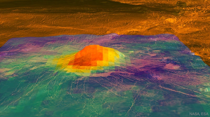Are volcanoes still active on Venus?  More volcanoes are known on Venus than Earth, but when Venusian volcanoes last erupted is not directly known. Evidence bolstering very recent volcanism on Venus has recently been uncovered, though, right here on Earth. Lab results showed that images of surface lava would become dim in the infrared in only months in the dense Venusian atmosphere, a dimming not seen in ESA's Venus Express images. Venus Express entered orbit around Venus in 2006 and remained in contact with Earth until 2014. Therefore, the infrared glow (shown in false-color red) recorded by Venus Express for Idunn Mons and featured here on a NASA Magellan image indicates that this volcano erupted very recently -- and is still active today.  Understanding the volcanics of Venus might lead to insight about the volcanics on Earth, as well as elsewhere in our Solar System.    New: APOD now available in Turkish from Turkey
