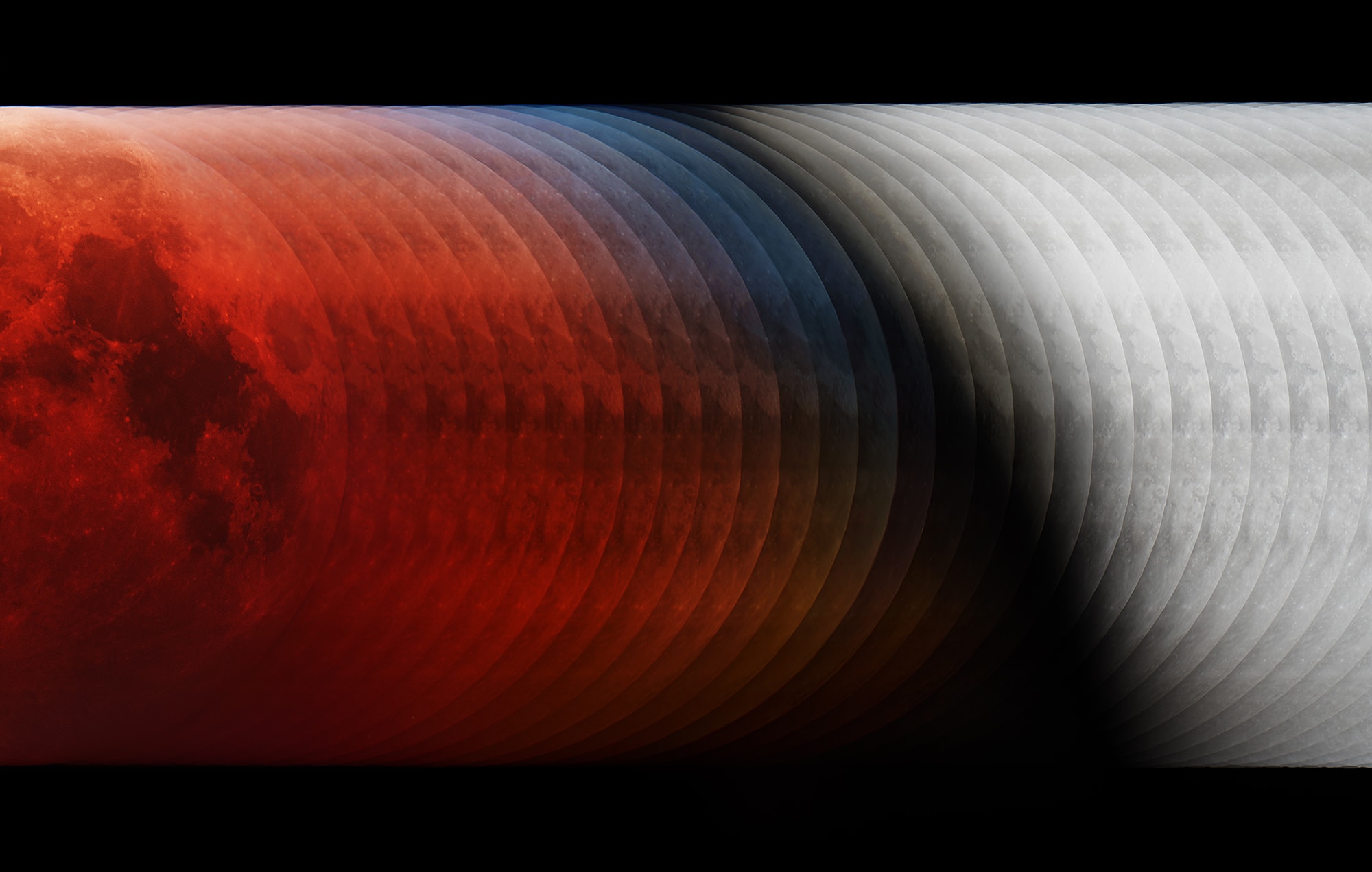 On January 21, 2019 moonwatchers on planet Earth saw a total lunar eclipse. In 35 frames this composite image follows the Moon that night as it crossed into Earth's dark umbral shadow. Taken 3 minutes apart, they almost melt together in a continuous screen that captures the dark colors within the shadow itself and the northern curve of the shadow's edge. Sunlight scattered by the atmosphere into the shadow causes the lunar surface to appear reddened during totality (left), but close to the umbra's edge, the limb of the eclipsed Moon shows a remarkable blue hue. The blue eclipsed moonlight originates as rays of sunlight pass through layers high in Earth's upper stratosphere, colored by ozone that scatters red light and transmits blue.  The Moon's next crossing into Earth's umbral shadow, will be on May 26, 2021.