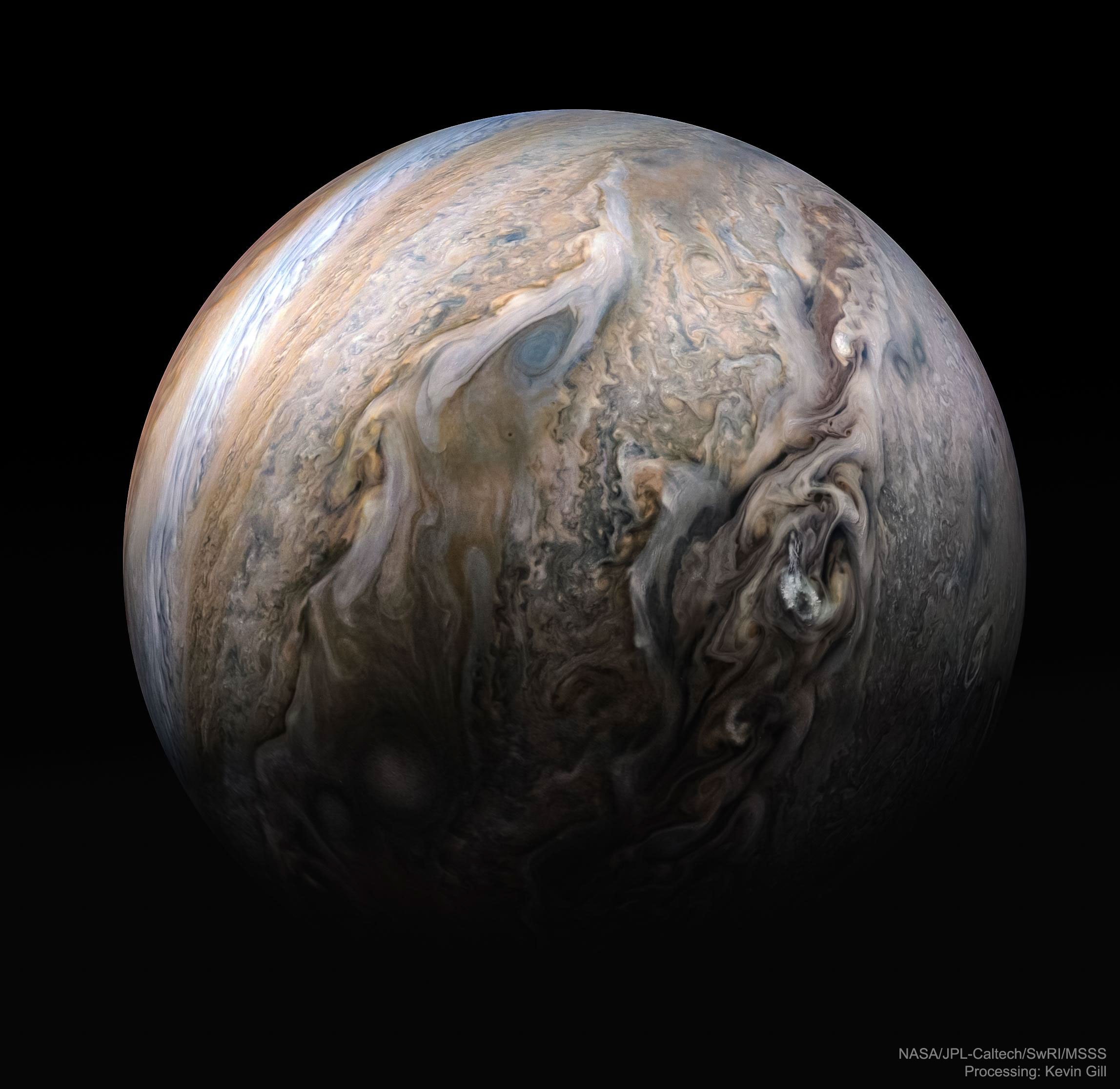 Some cloud patterns on Jupiter are quite complex. The featured tumultuous clouds were captured in May by NASA's robotic Juno spacecraft currently orbiting our Solar System's largest planet.  The image was taken when Juno was only about 15,000 kilometers over Jupiter's cloud tops, so close that less than half of the giant planet is visible.  The rough white clouds on the far right are high altitude clouds known as pop-up clouds.  Juno's mission, now extended into 2021, is to study Jupiter in new ways. Among many other things, Juno has been measuring Jupiter's gravitational field, finding surprising evidence that Jupiter may be mostly a liquid.