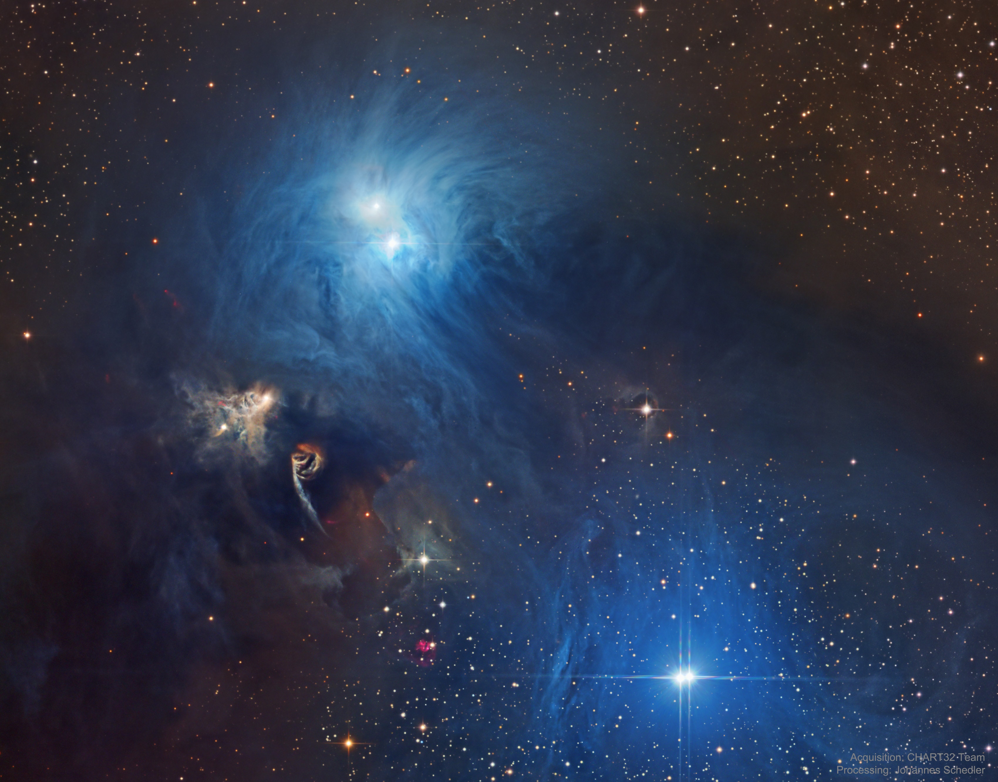 Cosmic dust clouds and young, energetic stars inhabit this telescopic vista, less than 500 light-years away toward the northern boundary of Corona Australis, the Southern Crown. The dust clouds effectively block light from more distant background stars in the Milky Way. But the striking complex of reflection nebulae cataloged as NGC 6726, 6727, and IC 4812 produce a characteristic blue color as light from the region's young hot stars is reflected by the cosmic dust. The dust also obscures from view stars still in the process of formation. At the left, smaller yellowish nebula NGC 6729 bends around young variable star R Coronae Australis. Just below it, glowing arcs and loops shocked by outflows from embedded newborn stars are identified as Herbig-Haro objects. On the sky this field of view spans about 1 degree. That corresponds to almost 9 light-years at the estimated distance of the nearby star forming region.    Video: Best of APOD 2019 for the Night Sky Network