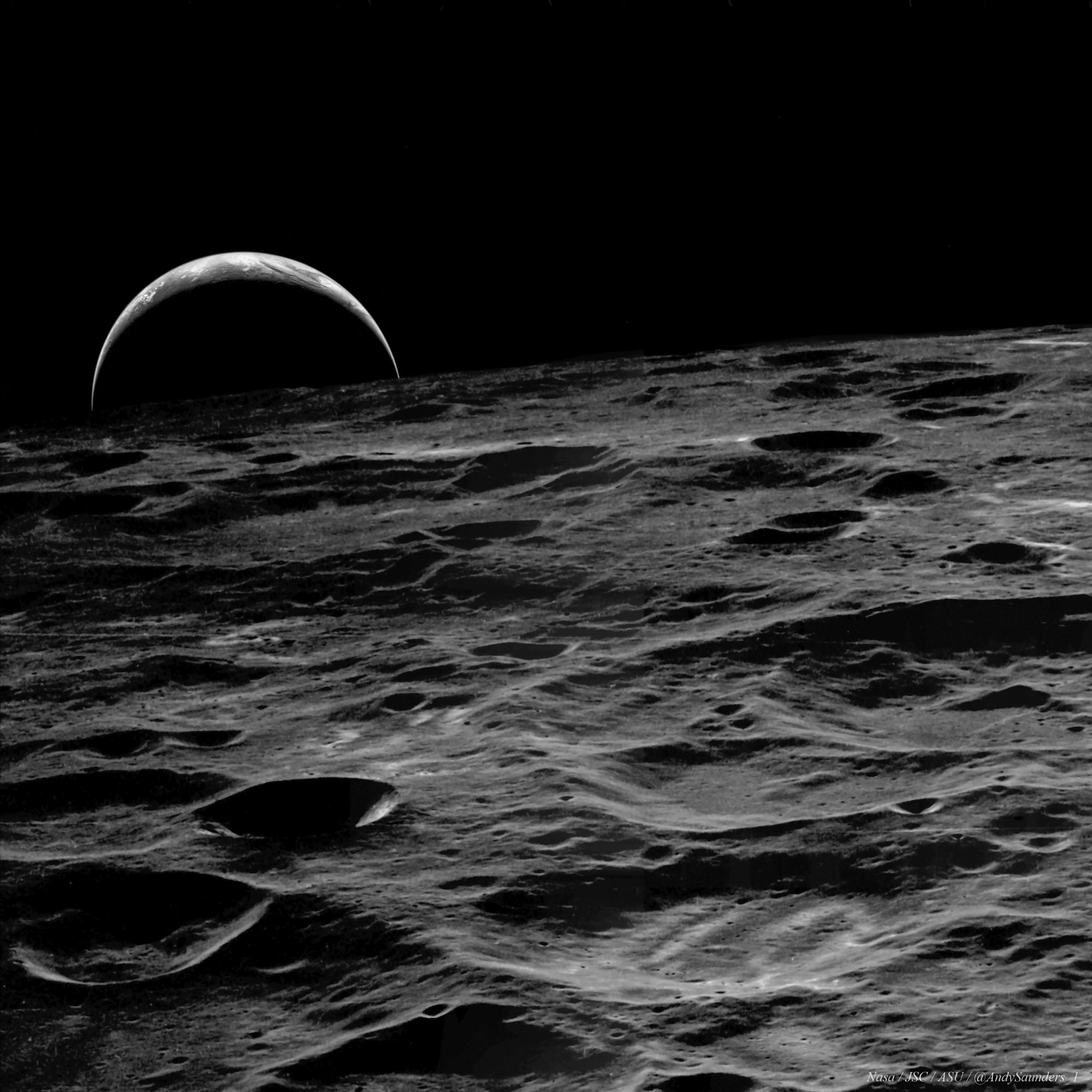 When leaving lunar orbit in February 1971, the crew of Apollo 14 watched this Earthrise from their command module Kitty Hawk. With Earth's sunlit crescent just peeking over the lunar horizon, the cratered terrain in the foreground is along the lunar farside. Of course, while orbiting the Moon, the crew could watch Earth rise and set, but the Earth hung stationary in the sky over Fra Mauro Base, their landing site on the lunar surface. Rock samples brought back by the Apollo 14 mission included a 20 pound rock nicknamed Big Bertha, later determined to contain a likely fragment of a meteorite from planet Earth.