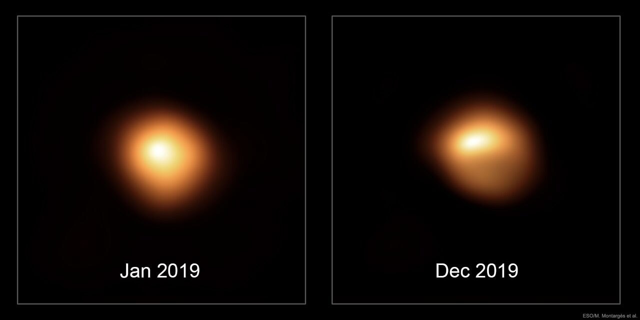 Besides fading, is Betelgeuse changing its appearance? Yes. The famous red supergiant star in the familiar constellation of Orion is so large that telescopes on Earth can actually resolve its surface -- although just barely. The two featured images taken with the European Southern Observatory's Very Large Telescope show how the star's surface appeared during the beginning and end of last year.  The earlier image shows Betelgeuse having a much more uniform brightness than the later one, while the lower half of Betelgeuse became significantly dimmer than the top. Now during the first five months of 2019 amateur observations show Betelgeuse actually got slightly brighter, while in the last five months the star dimmed dramatically. Such variability is likely just normal behavior for this famously variable supergiant, but the recent dimming has rekindled discussion on how long it may be before Betelgeuse does go supernova. 	 Since Betelgeuse is about 700 light years away, its eventual supernova -- probably thousands of years in the future -- will likely be an amazing night-sky spectacle, but will not endanger life on Earth.