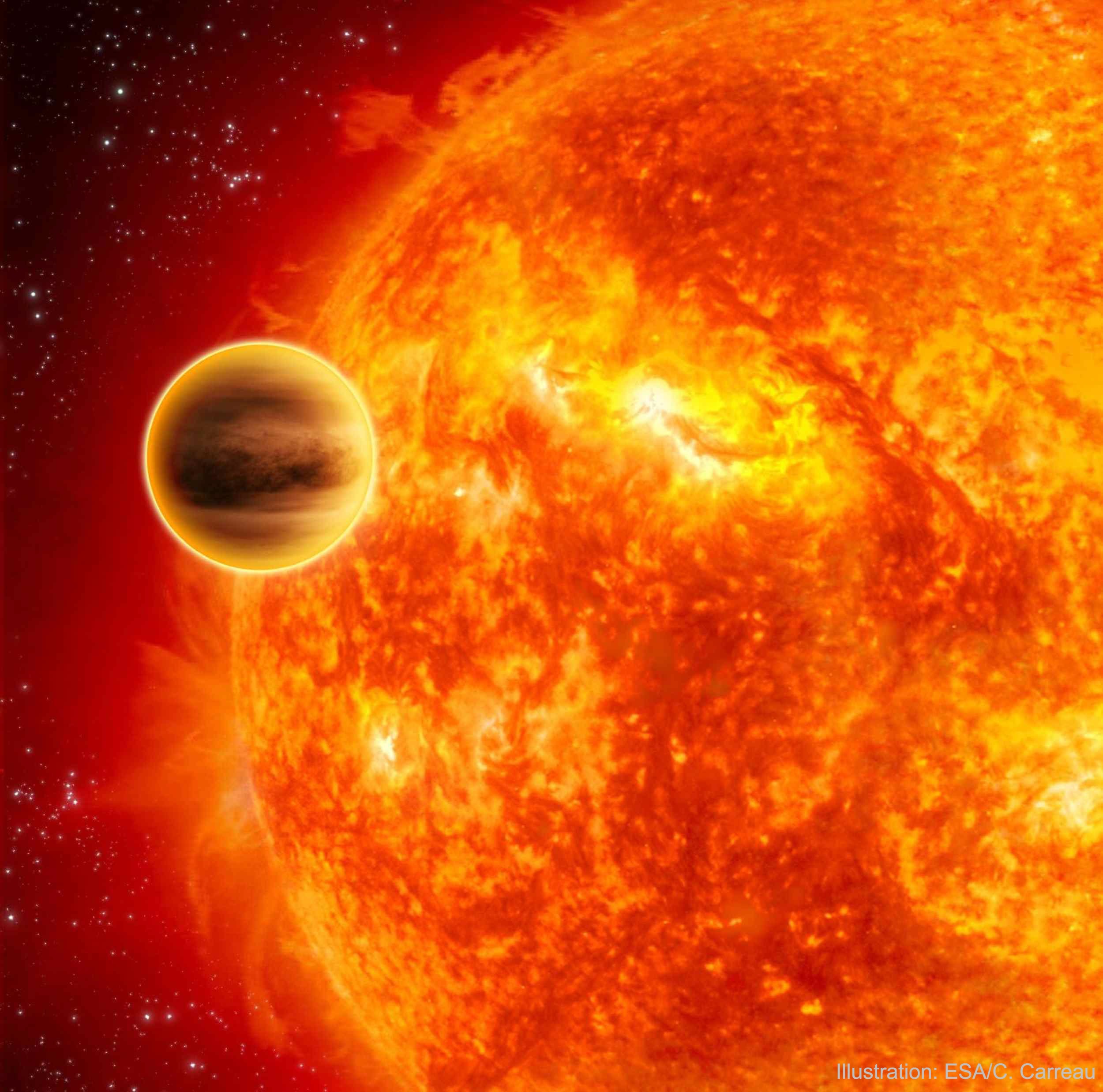 This hot jupiter is doomed.  Hot jupiters are giant planets like Jupiter that orbit much closer to their parent stars than Mercury does to our Sun.  But some hot jupiters are more extreme than others.  NGTS-10b, illustrated generically, is the closest and fastest-orbiting giant planet yet discovered, circling its home star in only 18 hours.  NGTS-10b is a little larger than Jupiter, but it orbits less than two times the diameter of its parent star away from the star’s surface.  When a planet orbits this close, it is expected to spiral inward, pulled down by tidal forces to be eventually ripped apart by the star’s gravity.  NGTS-10b, discovered by researchers at the University of Warwick, is named after the Next Generation Transit Survey, which detected the imperiled planet when it passed in front of its star, blocking some of the light.  Although the violent demise of NGTS-10b will happen eventually, we don't yet know when.