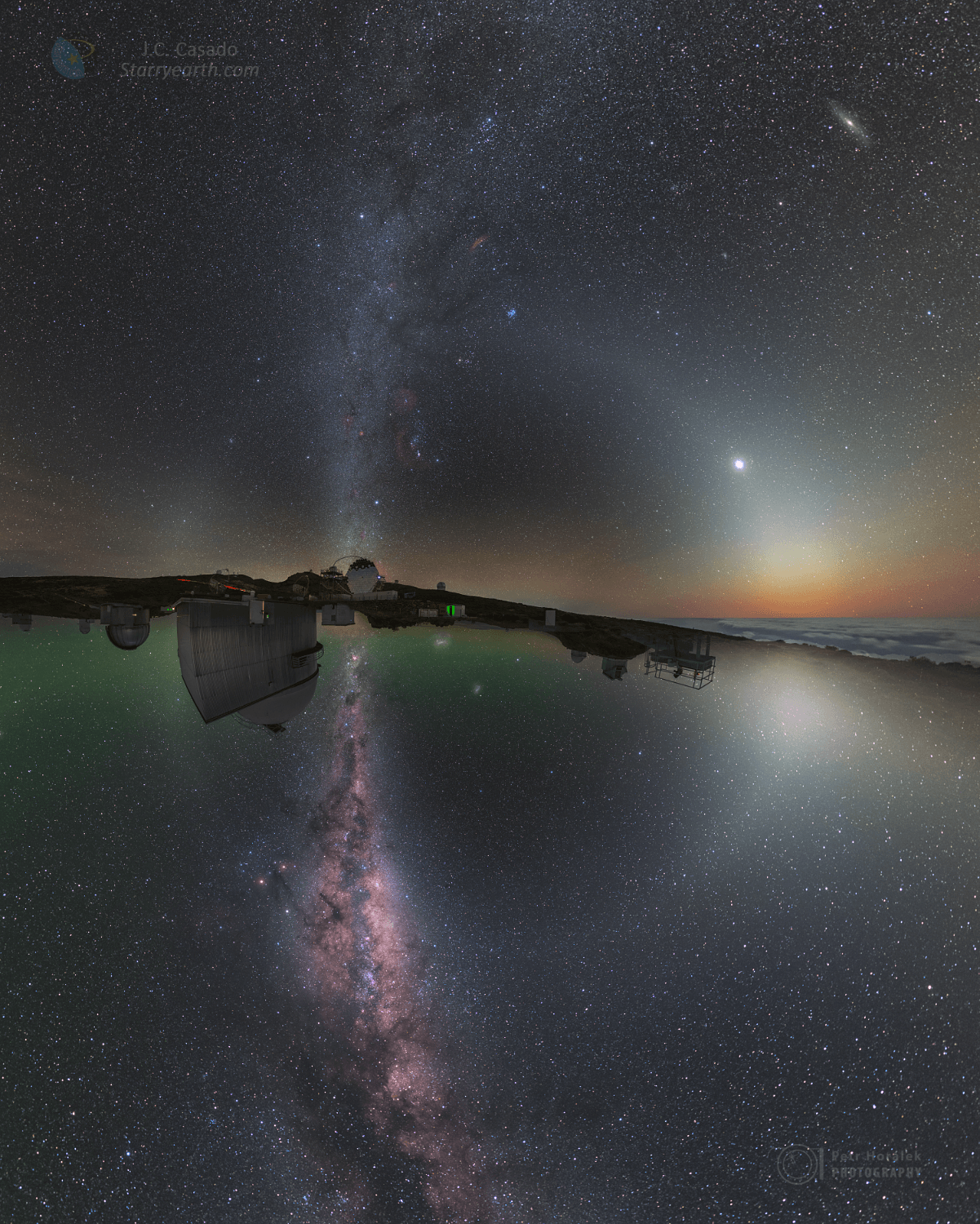 The Sun is hidden by a horizon that runs across the middle in this two hemisphere view of Earth's night sky. The digitally stitched mosaics were recorded from corresponding latitudes, one 29 degrees north and one 29 degrees south of the planet's equator. On top is the northern view from the IAC observatory at La Palma taken in February 2020. Below is a well-matched southern scene from the ESO La Silla Observatory recorded in April 2016. In this projection, the Milky Way runs almost vertically above and below the horizon. Its dark clouds and and bright nebulae are prominent near the galactic center in the lower half of the frame. In the upper half, brilliant Venus is immersed in zodiacal light. Sunlight faintly scattered by interplanetary dust, the zodiacal light traces the Solar System's ecliptic plane in a complete circle through the starry sky. Large telescope domes bulge along the inverted horizon from La Silla while at La Palma, multi-mirror Magic telescopes stand above center. Explore this two hemisphere night sky and you can also find the Andromeda Galaxy and the Large and Small Magellanic Clouds.