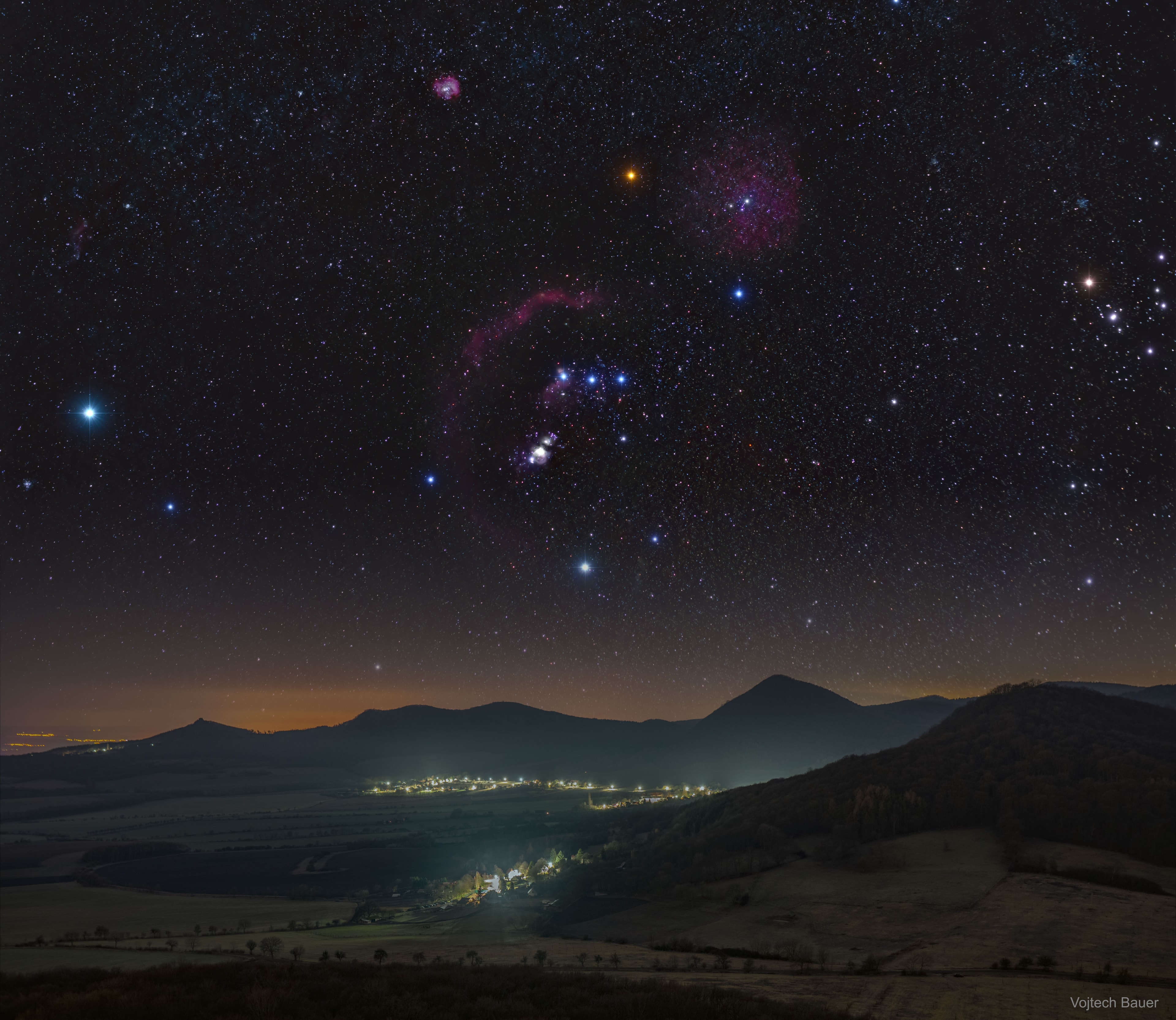 Do you recognize this constellation? Setting past the Central Bohemian Highlands in the Czech Republic is Orion, one of the most identifiable star groupings on the sky and an icon familiar to humanity for over 30,000 years. Orion has looked pretty much the same during this time and should continue to look the same for many thousands of years into the future.  Prominent Orion is high in the sky at sunset this time of year, a recurring sign of (modern) winter in Earth's northern hemisphere and summer in the south. The featured picture is a composite of over thirty images taken from the same location and during the same night last month.  Below and slightly to the left of Orion's three-star belt is the Orion Nebula, while four of the bright stars surrounding the belt are, clockwise, Sirius (far left, blue), Betelgeuse (top, orange, unusually faint), Aldebaran (far right), and Rigel (below). As future weeks progress, Orion will set increasingly earlier.    Infinite Random Loop: Create an APOD Station in your classroom or Science Center.
