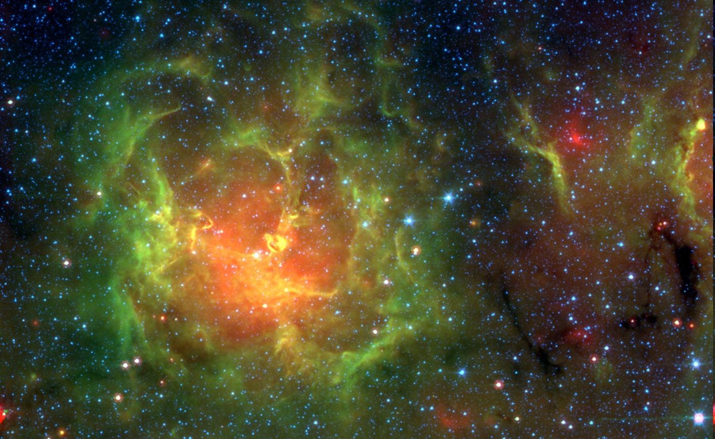 The Trifid Nebula, also known as Messier 20, is easy to find with a small telescope. About 30 light-years across and 5,500 light-years distant it's a popular stop for cosmic tourists in the nebula rich constellation Sagittarius. As its name suggests, visible light pictures show the nebula divided into three parts by dark, obscuring dust lanes. But this penetrating infrared image reveals the Trifid's filaments of glowing dust clouds and newborn stars. The spectacular false-color view is courtesy of the Spitzer Space Telescope. Astronomers have used the infrared image data to count newborn and embryonic stars which otherwise can lie hidden in the natal dust and gas clouds of this intriguing stellar nursery. Launched in 2003, Spitzer explored the infrared Universe from an Earth-trailing solar orbit until its science operations were brought to a close earlier this year, on January 30.