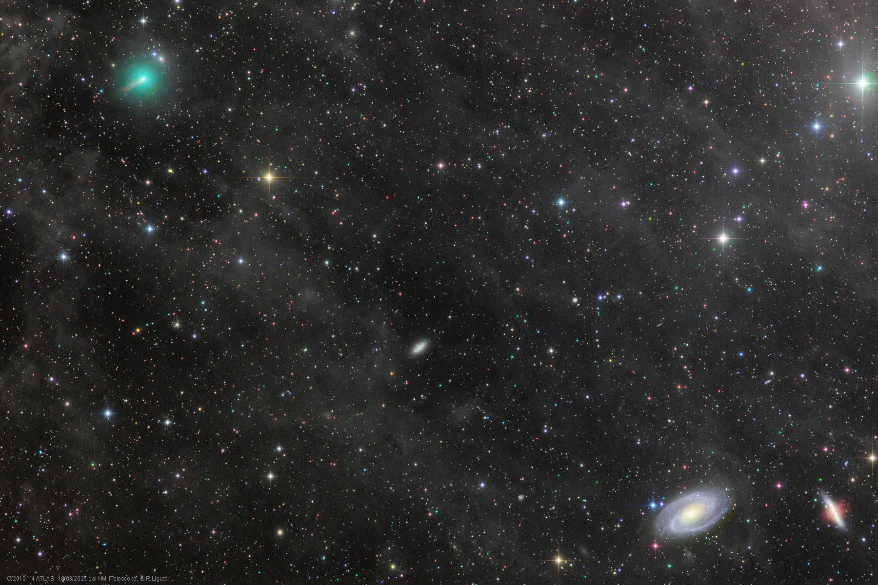 Comet ATLAS C/2019 Y4 was discovered by the NASA funded Asteroid Terrestrial-impact Last Alert System, the last comet discovery reported in 2019. Now growing brighter in northern night skies, the comet's pretty greenish coma is at the upper left of this telescopic skyview captured from a remotely operated observatory in New Mexico on March 18. At lower right are M81 and M82, well-known as large, gravitationally interacting galaxies. Seen through faint dust clouds above the Milky Way, the galaxy pair lies about 12 million light-years distant, toward the constellation Ursa Major. In bound Comet ATLAS is about 9 light-minutes from Earth, still beyond the orbit of Mars. The comet's elongated orbit is similar to orbit of the Great Comet of 1844 though, a trajectory that will return this comet to the inner Solar System in about 6,000 years.  Comet ATLAS will reach a perihelion or closest approach to the Sun on May 31 inside the orbit of Mercury and may become a naked-eye comet in the coming days.