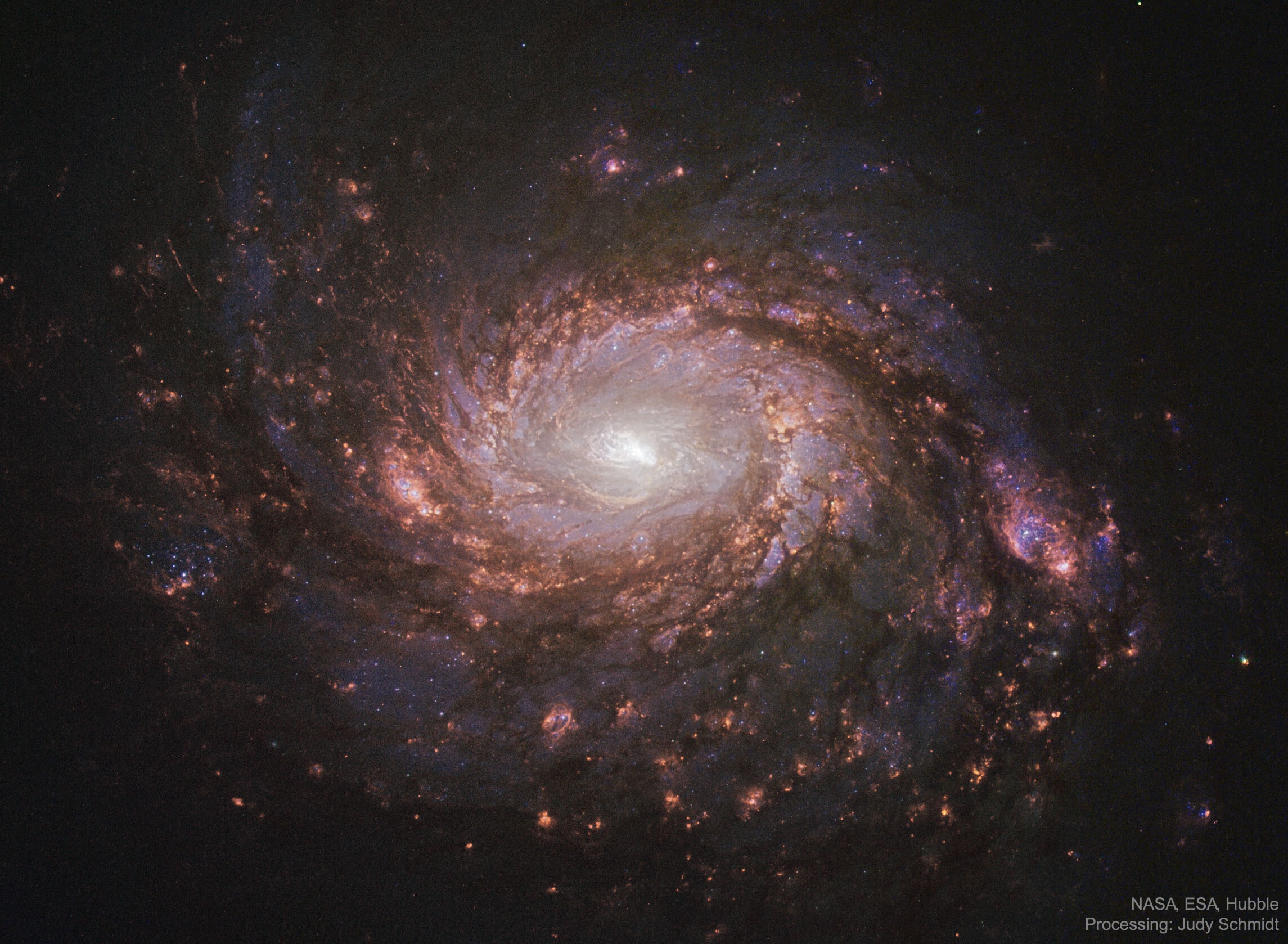 What's happening in the center of nearby spiral galaxy M77? The face-on galaxy lies a mere 47 million light-years away toward the constellation of the Sea Monster (Cetus).  At that estimated distance, this gorgeous island universe is about 100 thousand light-years across.  Also known as NGC 1068, its compact and very bright core is well studied by astronomers exploring the mysteries of supermassive black holes in active Seyfert galaxies.  M77 and its active core glows bright at x-ray, ultraviolet, visible, infrared, and radio wavelengths.  The featured sharp image of M77 was taken by the Hubble Space Telescope and is dominated by the (visible) red light emitted by hydrogen.  The image shows details of the spiral's winding spiral arms as traced by obscuring dust clouds, and red-tinted star forming regions close in to the galaxy's luminous core.    Astrophysicists: Browse 2,100+ codes in the Astrophysics Source Code Library