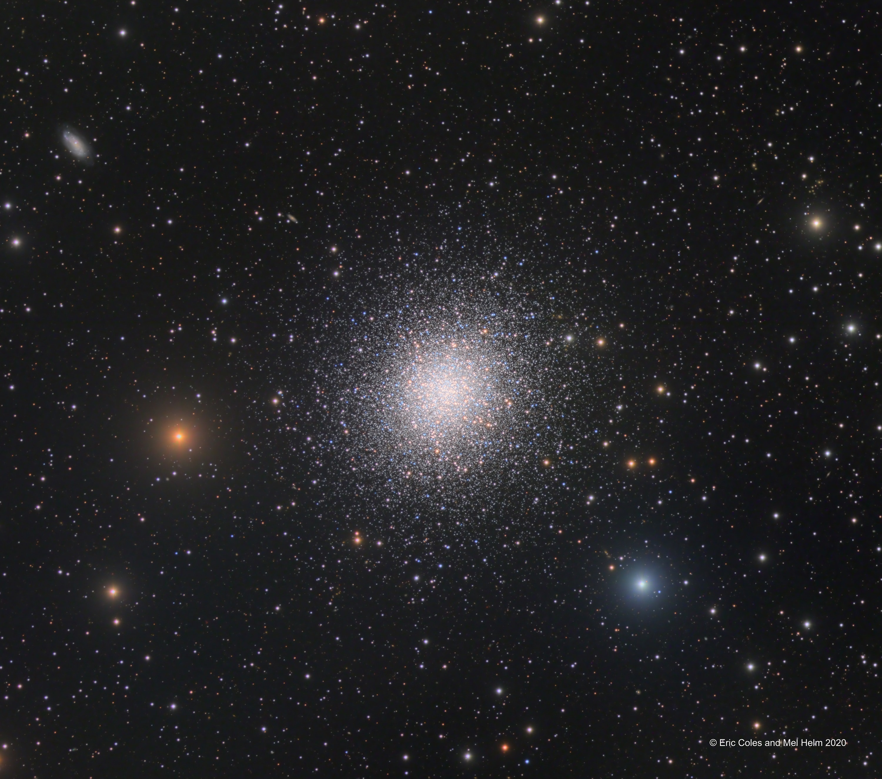 In 1716, English astronomer Edmond Halley noted, "This is but a little Patch, but it shews itself to the naked Eye, when the Sky is serene and the Moon absent." Of course, M13 is now less modestly recognized as the Great Globular Cluster in Hercules, one of the brightest globular star clusters in the northern sky. Sharp telescopic views like this one reveal the spectacular cluster's hundreds of thousands of stars. At a distance of 25,000 light-years, the cluster stars crowd into a region 150 light-years in diameter. Approaching the cluster core upwards of 100 stars could be contained in a cube just 3 light-years on a side. For comparison, the closest star to the Sun is over 4 light-years away. The remarkable range of brightness recorded in this image follows stars into the dense cluster core and reveals three subtle dark lanes forming the apparent shape of a propeller just below and slightly left of center. Distant background galaxies in the medium-wide field of view include NGC 6207 at the upper left.