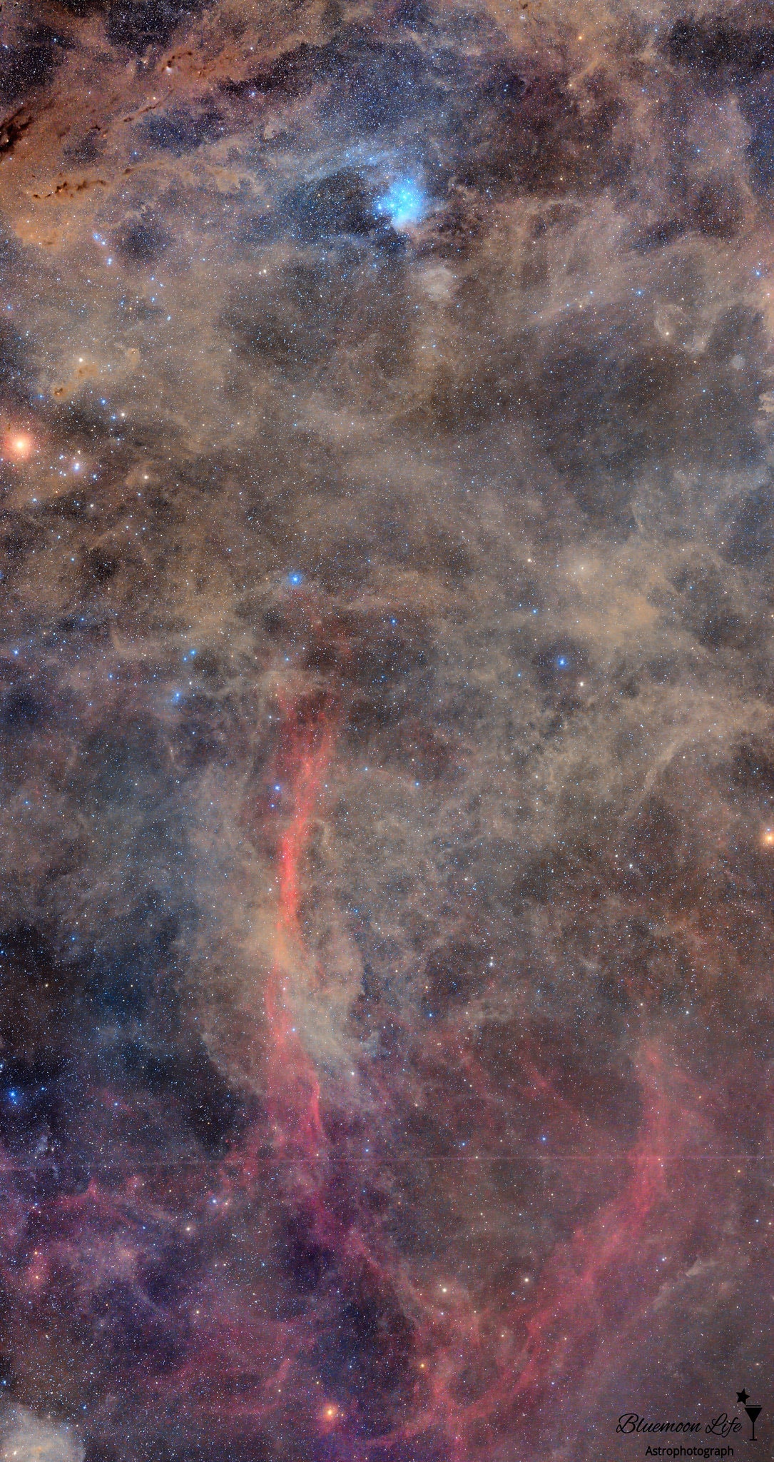If you stare at an interesting patch of sky long enough, will it look different? In the case of Pleiades and Hyades star clusters -- and surrounding regions -- the answer is: yes, pretty different. Long duration camera exposures reveal an intricate network of interwoven interstellar dust and gas that was previously invisible not only to the eye but to lower exposure images. In the featured wide and deep mosaic, the dust stands out spectacularly, with the familiar Pleaides star cluster visible as the blue patch near the top of the image.  Blue is the color of the Pleiades' most massive stars, whose distinctive light reflects from nearby fine dust. On the upper left is the Hyades star cluster surrounding the bright, orange, foreground-star Aldebaran.  Red glowing emission nebula highlight the bottom of the image, including the curving vertical red ribbon known as the Eridanus Loop.  The pervasive dust clouds appear typically in light brown and are dotted with unrelated stars.   Almost Hyperspace: Random APOD Generator