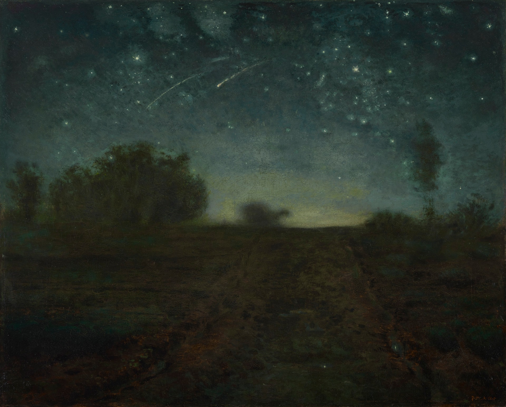 A dramatic nocturnal landscape from around 1850, this oil painting is the work of French artist Jean-Francois Millet. In the dark and atmospheric night sky are shooting stars, known too as meteors, above a landscape showing a path through the faintly lit countryside that leads toward trees and a cart in silhouette on the horizon. Millet was raised in a farming family in Normandy and is known for his paintings of rural scenes and peasant life. This Starry Night was painted after the artist moved to Barbizon, about 30 kilometers southeast of any 19th century light pollution from Paris. Millet wrote to his brother at this time, "If only you knew how beautiful the night is ... the calm and grandeur of it are so awesome that I find that I actually feel overwhelmed." Dutch artist Vincent van Gogh was an admirer of Millet's work, and later also painted two dramatic starry nights.