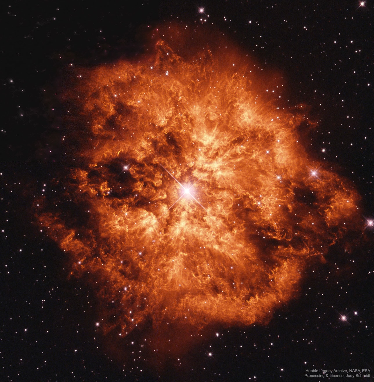 Some stars explode in slow motion.  Rare, massive Wolf-Rayet stars are so tumultuous and hot that they are slowly disintegrating right before our telescopes.  Glowing gas globs each typically over 30 times more massive than the Earth are being expelled by violent stellar winds.  Wolf-Rayet star WR 124, visible near the featured image center spanning six light years across, is thus creating the surrounding nebula known as M1-67.  Details of why this star has been slowly blowing itself apart over the past 20,000 years remains a topic of research.  WR 124 lies 15,000 light-years away towards the constellation of the Arrow (Sagitta).  The fate of any given Wolf-Rayet star likely depends on how massive it is, but many are thought to end their lives with spectacular explosions such as supernovas or gamma-ray bursts.