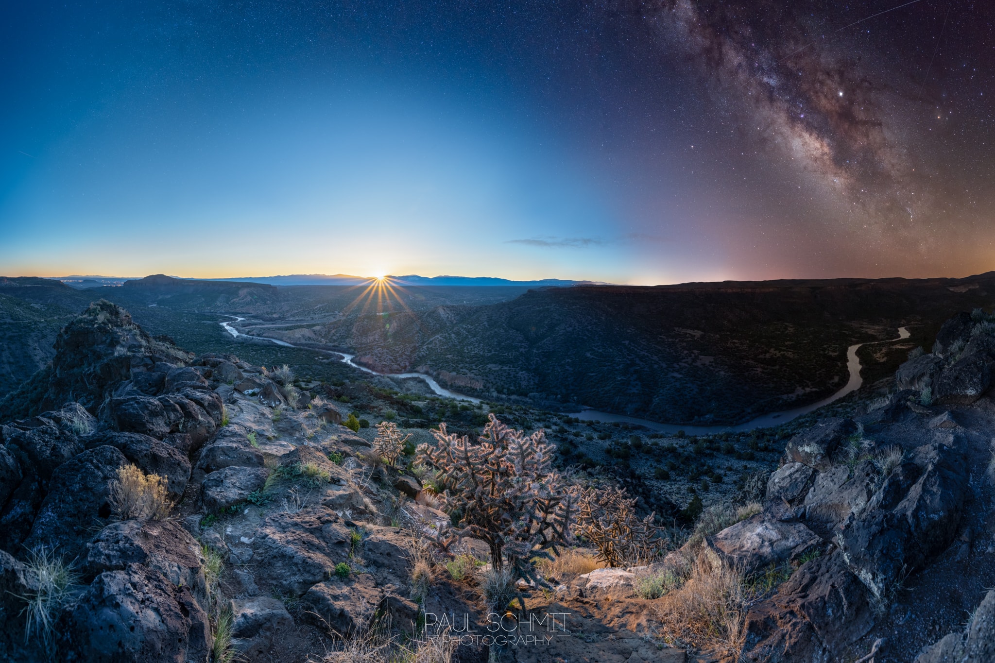 This surreal timelapse, landscape, panorama spans predawn, blue hour, and sunrise skies. Close to the start of planet Earth's northern hemisphere spring, the flow of time was captured between 4:30 and 7:00 am from a location overlooking northern New Mexico's Rio Grande Valley. In tracked images of the night sky just before twilight begins, the Milky Way is cast across the southern (right) edge of the panoramic frame. Toward the east, a range of short and long exposures resolves the changing brightness as the Sun rises over the distant peaks of the Sangre de Cristo Mountains. In between, exposures made during the spring morning's tantalizing blue hour are used to blend the night sky and sunrise over the high desert landscape.