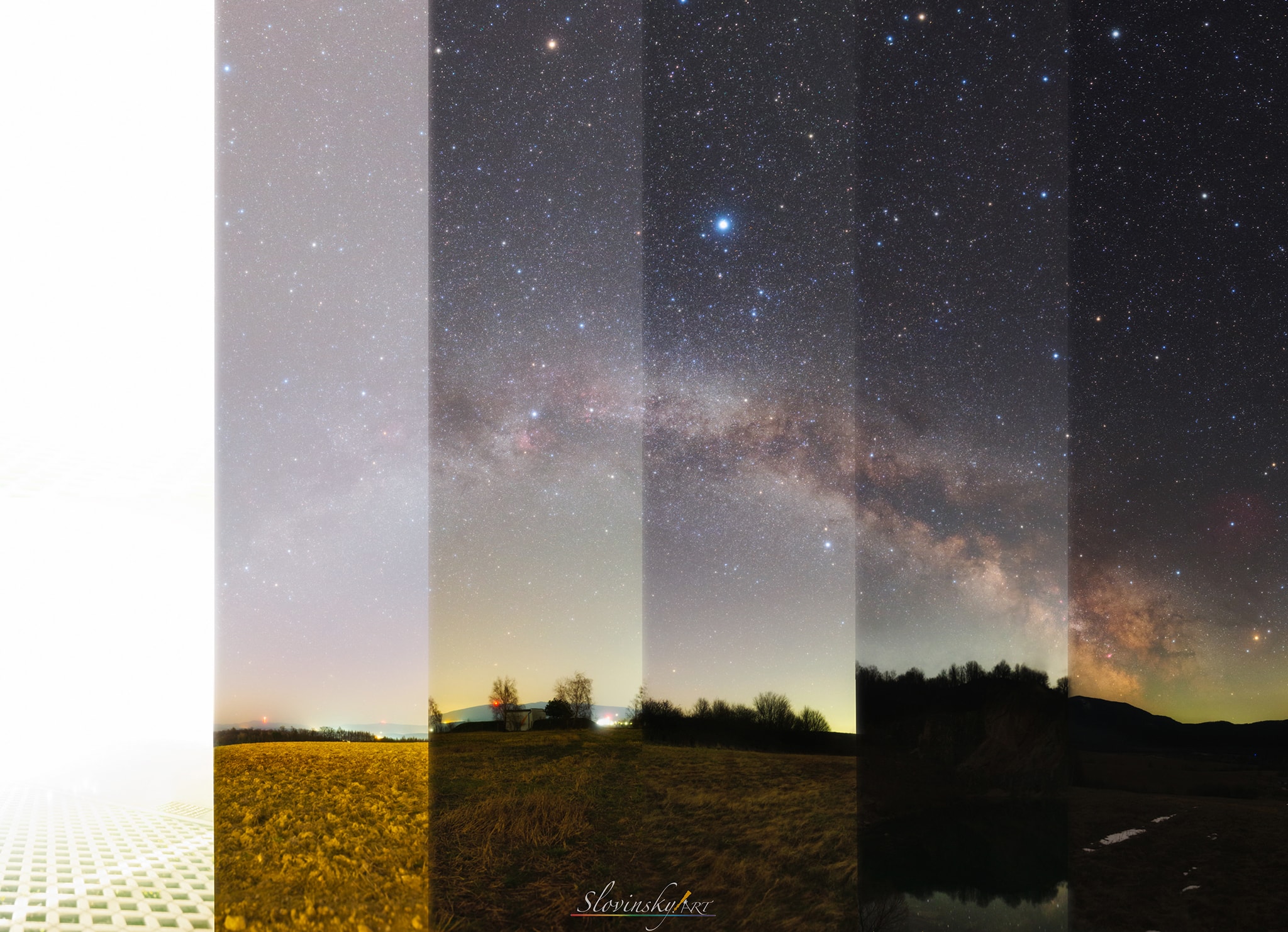 Dark skies are disappearing from the world.  With modernization comes artificial lighting that brightens the night.  While these lights allow modern humans to see, much light is wasted up into the sky.  This light pollution not only wastes energy, but, when reflected by the Earth's atmosphere back down, creates a nighttime brightness that  disrupts wildlife and harms human health, while doing very little to prevent crime.  Light pollution is also making a dark night sky a scarcity for new generations.  While there is little that can be done in large cities, rural country areas could benefit from lighting that is fully shielded from exposing the night sky where it is not needed.  The featured panorama contains 6 adjacent vertical segments taken from different locations across Slovakia -- but with the same equipment and at the same time of night, and then subjected to the same digital post-processing.  Although no stars are visible on the left-most city sky, the right-most country sky is magnificently dark.  You can help protect the wonders of your night sky by favoring, when possible, dark sky friendly lighting.