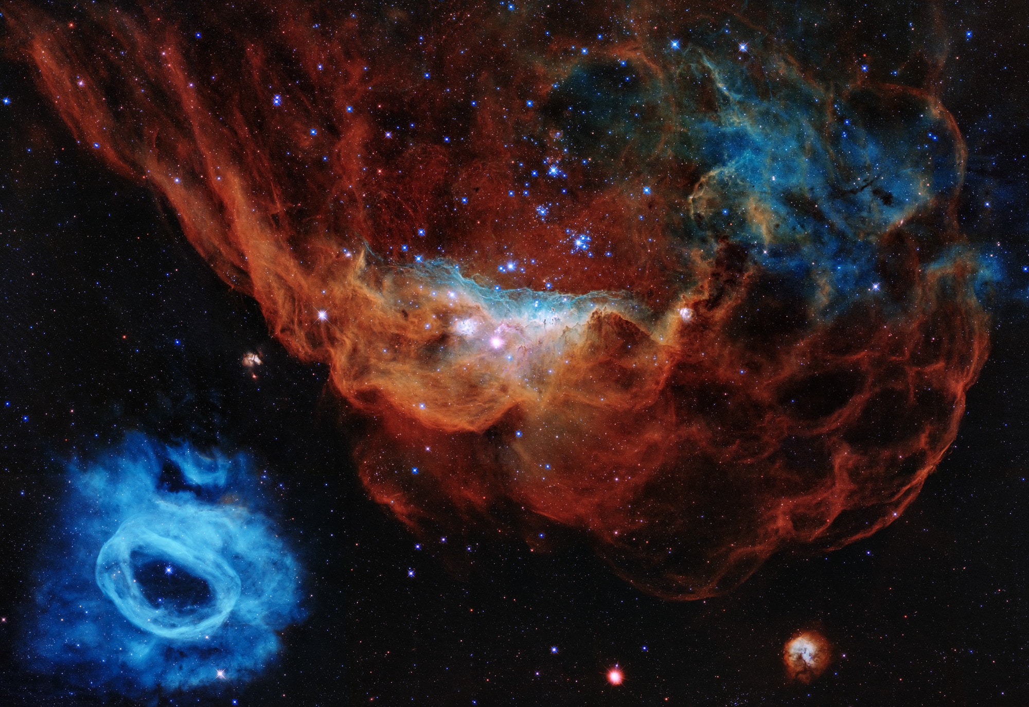 These bright ridges of interstellar gas and dust are bathed in energetic starlight. With its sea of young stars, the massive star-forming region NGC 2014 has been dubbed the Cosmic Reef. Drifting just off shore, the smaller NGC 2020, is an expansive blue-hued structure erupting from a single central Wolf-Rayet star, 200,000 times brighter than the Sun. The cosmic frame spans some 600 light-years within the Large Magellanic Cloud 160,000 light-years away, a satellite galaxy of our Milky Way. A magnificent Hubble Space Telescope portrait, the image was released this week as part of a celebration to mark Hubble's 30th year exploring the Universe from Earth orbit.