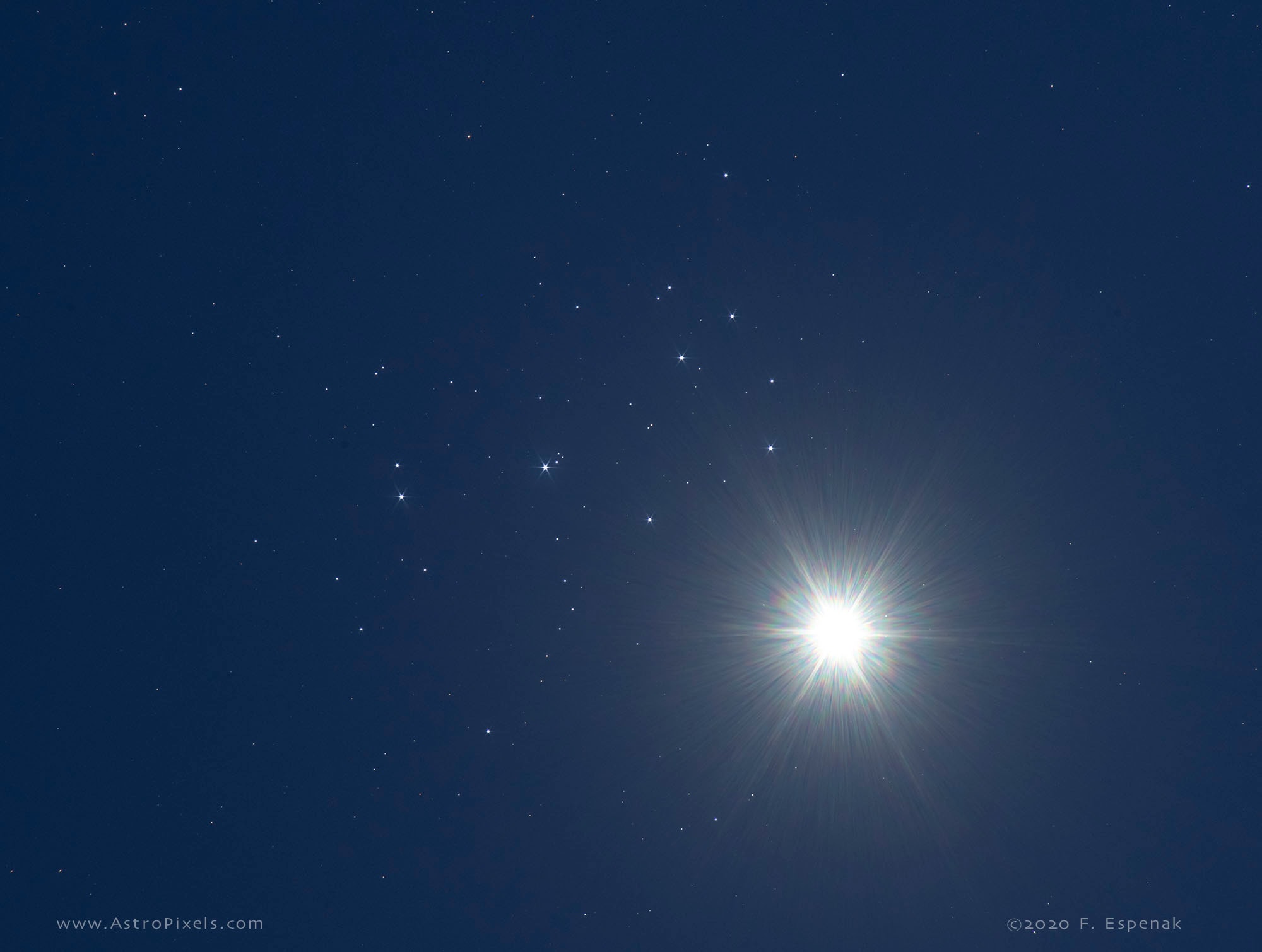 After wandering about as far from the Sun on the sky as Venus can get, the brilliant evening star is crossing paths with the sister stars of the Pleiades cluster. Look west after sunset and you can share the ongoing conjunction with skygazers around the world. Taken on April 2, this celestial group photo captures the view from Portal, Arizona, USA. Even bright naked-eye Pleiades stars prove to be much fainter than Venus though. Apparent in deeper telescopic images, the cluster's dusty surroundings and familiar bluish reflection nebulae aren't quite visible, while brighter Venus itself is almost overwhelming in the single exposure. And while Venus and the Sisters do look a little star-crossed, their spiky appearance is the diffraction pattern caused by multiple leaves in the aperture of the telephoto lens. The last similar conjunction of Venus and Pleiades occurred nearly 8 years ago.