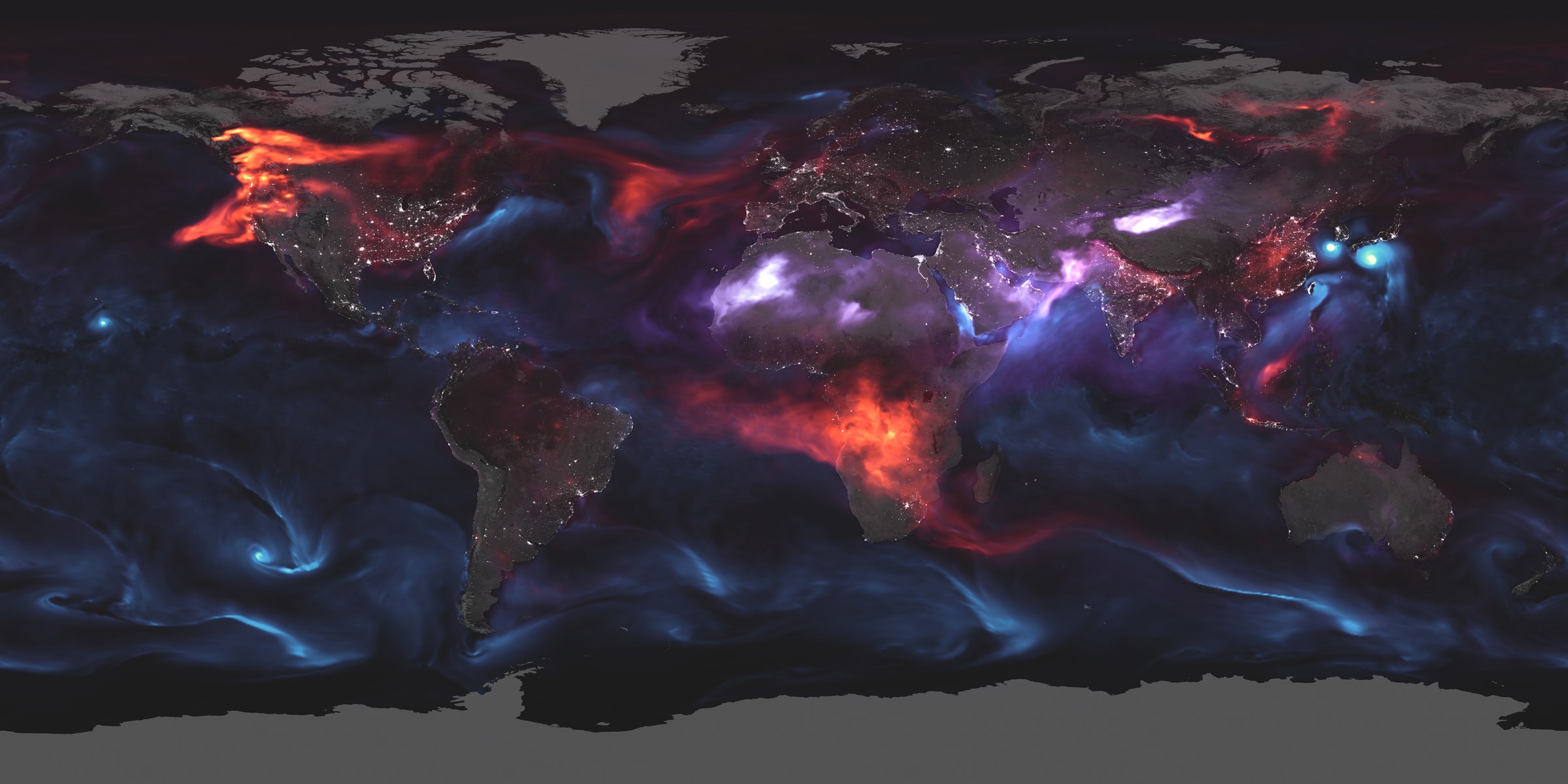It was just another day on aerosol Earth. For August 23, 2018, the identification and distribution of aerosols in the Earth's atmosphere is shown in this dramatic, planet-wide digital visualization. Produced in real time, the Goddard Earth Observing System Forward Processing (GEOS FP) model relies on a combination of Earth-observing satellite and ground-based data to calculate the presence of types of aerosols, tiny solid particles and liquid droplets, as they circulate above the entire planet. This August 23rd model shows black carbon particles in red from combustion processes, like smoke from the fires in the United States and Canada, spreading across large stretches of North America and Africa. Sea salt aerosols are in blue, swirling above threatening typhoons near South Korea and Japan, and the hurricane looming near Hawaii. Dust shown in purple hues is blowing over African and Asian deserts. The location of cities and towns can be found from the concentrations of lights based on satellite image data of the Earth at night.   Celebrate: Earth Day at Home