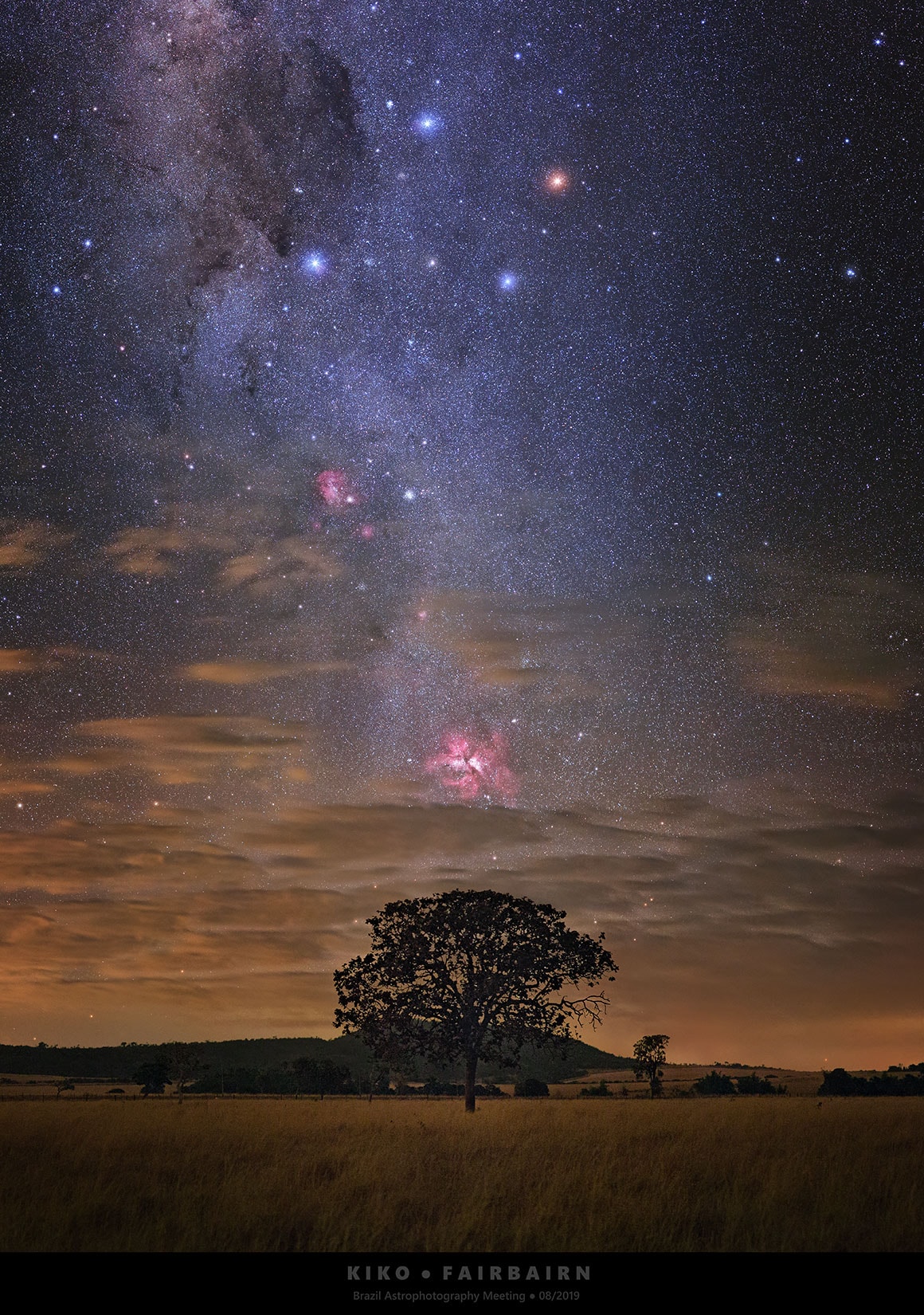 You need to be in the south, looking south, to see such a sky.  And only then if you're lucky.  Just above the picturesque tree is the impressive Carina Nebula, one of the few nebulas in the sky that is visible to the unaided eye.  The featured image had to be taken from a very dark location to capture the Carina Nebula with such perspective and so near the horizon.  The Great Nebula in Carina, cataloged as NGC 3372, is home to the wildly variable star Eta Carinae that sometimes flares to become one of the brightest stars in the sky.  Above Carina is IC 2944, the Running Chicken Nebula, a nebula that not only looks like a chicken, but contains impressive dark knots of dust.  Above these red-glowing emission nebulas are the bright stars of the Southern Cross, while on the upper left of the image is the dark Coalsack Nebula. This image was composed from six consecutive exposures taken last summer from Padre Bernardo, Goiás, Brazil.  Even with careful planning, the astrophotographer felt lucky to get this shot because clouds -- some still visible near the horizon -- kept getting in the way.    Almost Hyperspace: Random APOD Generator
