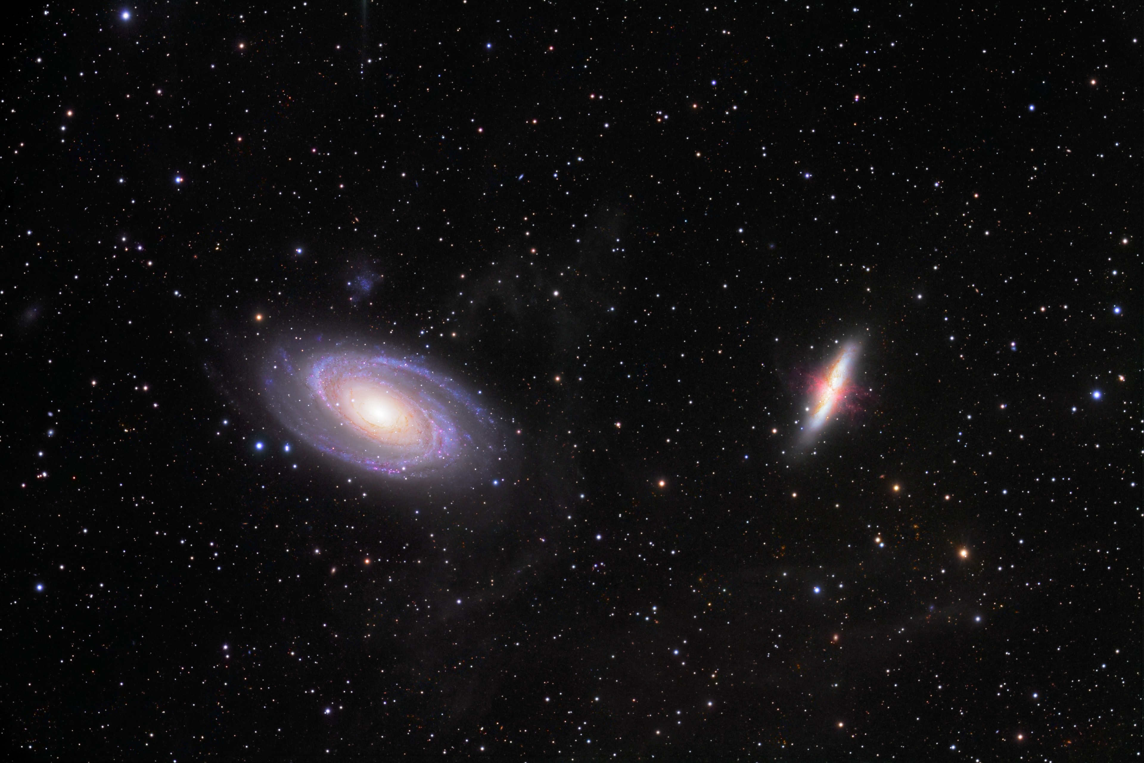 These two galaxies are far far away, 12 million light-years distant toward the northern constellation of the Great Bear. On the left, with grand spiral arms and bright yellow core is spiral galaxy M81, some 100,000 light-years across.  On the right marked by red gas and dust clouds, is irregular galaxy M82.  The pair have been locked in gravitational combat for a billion years. Gravity from each galaxy has profoundly affected the other during a series of cosmic close encounters.  Their last go-round lasted about 100 million years and likely raised density waves rippling around M81, resulting in the richness of M81's spiral arms.  M82 was left with violent star forming regions and colliding gas clouds so energetic the galaxy glows in X-rays.  In the next few billion years, their continuing gravitational encounters will result in a merger, and a single galaxy will remain.