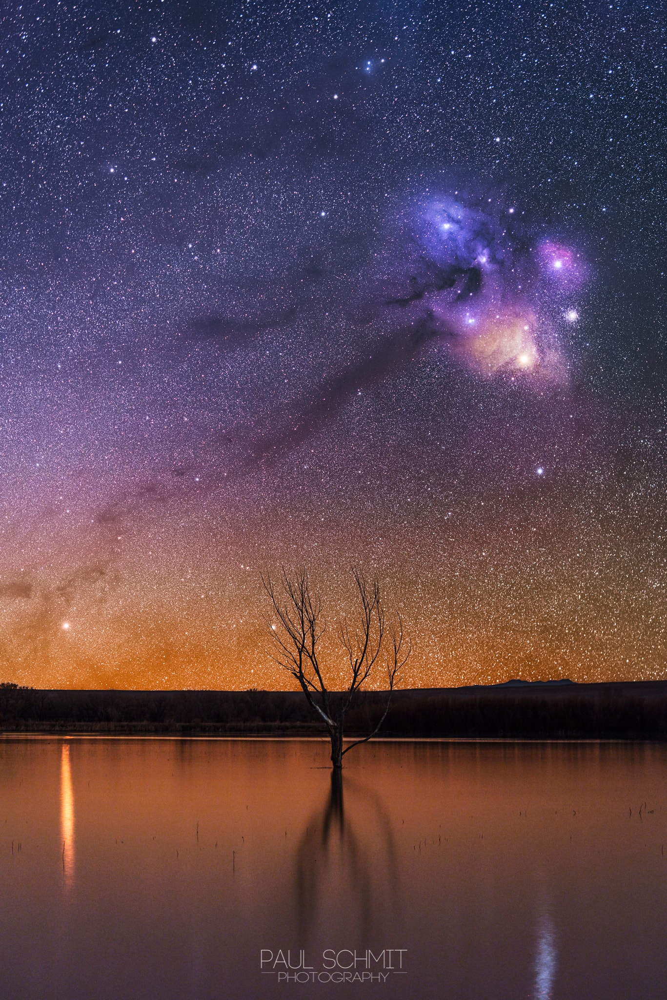 A dark river seems to flow through this sky from the horizon toward colorful clouds near red giant star Antares. Murky looking, the dark river is a dusty nebula obscuring background starlight near the central Milky Way, although the dark dust nebula contains mostly hydrogen molecular gas.  Dust scattering starlight around Antares, alpha star of Scorpius, creates the unusual yellow-hued reflection nebula. Above it, bright blue double star Rho Ophiuchi is embedded in more typical dusty bluish reflection nebulae, with red emission nebulae also scattered through the interstellar space. Globular star cluster M4 looks almost like a bright star just above and right of Antares, though it lies far behind the colorful clouds, at a distance of some 7,000 light-years. The dark river itself is about 500 light years away.  To create the startling night sky view, all background and foreground exposures were made back to back with the same camera and telephoto lens on the same night from the same location. In combination they produce a stunning image that reveals a range of brightness and color that your eye can't quite perceive. Recorded in the early hours of January 31, the composite also captures Mars still near the eastern horizon and rising to join rival Antares on the celestial stage. Bright Mars and its watery reflection are left of a lonely tree in the Bosque del Apache National Wildlife Refuge, New Mexico, planet Earth.