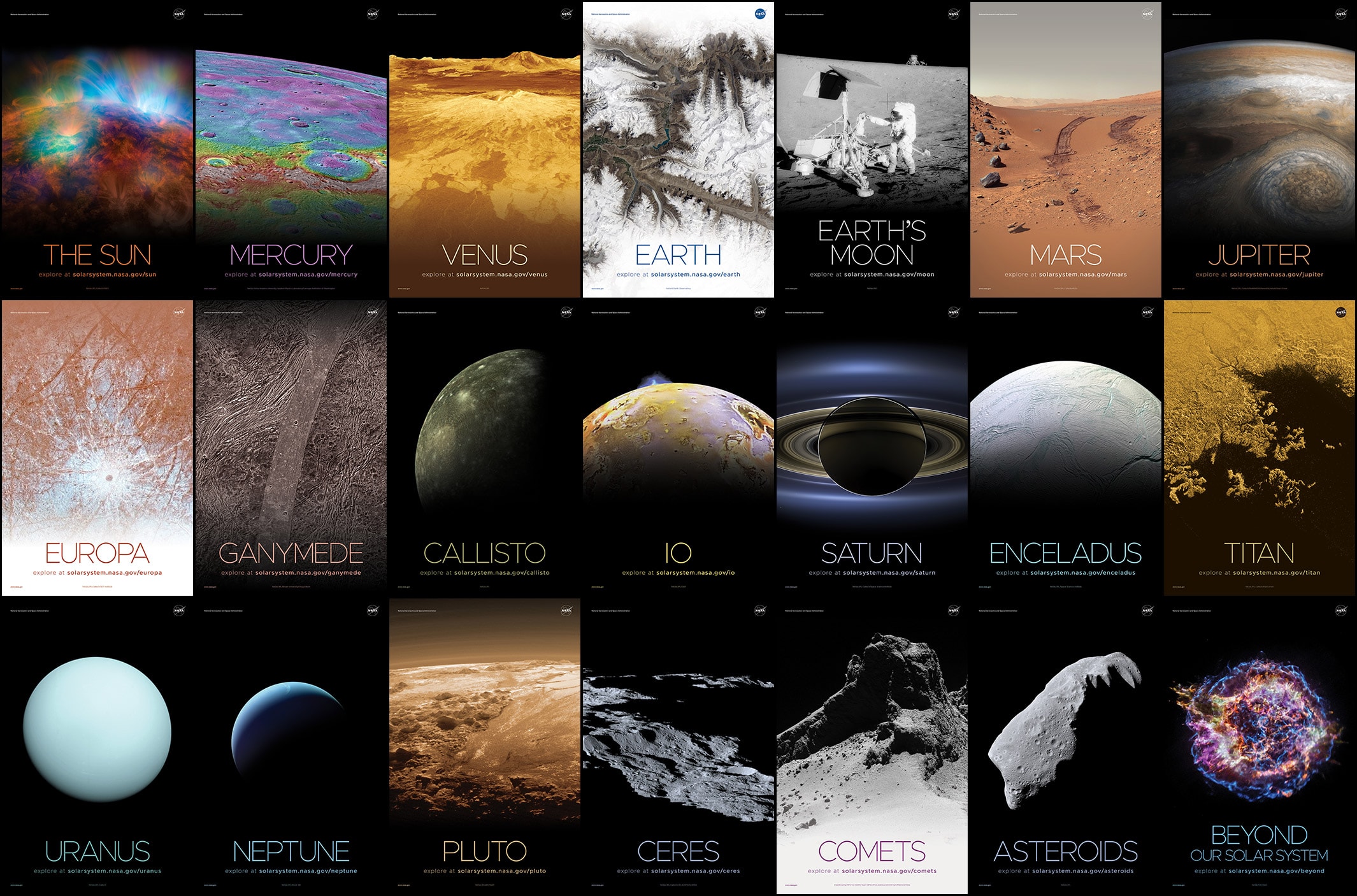 Would you like a NASA astronomy-exploration poster?  You are just one page-print away. Any of the panels you see on the featured image can appear on your wall.  Moreover, this NASA page has, typically, several more posters of each of the Solar System objects depicted.  These posters highlight many of the places humanity, through NASA, has explored in the past 50 years, including our Sun, and planets Mercury, Venus, Earth, Mars, Jupiter, Saturn, Uranus, and Neptune. Moons of Jupiter that have been posterized include Europa, Ganymede, Callisto, and Io, while moons of Saturn that can be framed include Enceladus and Titan.  Images of Pluto, Ceres, comets and asteroids are also presented, while six deep space scenes -- well beyond our Solar System -- can also be prominently displayed.  If you lack wall space or blank poster sheets don't despair -- you can still print many of these out as trading cards.