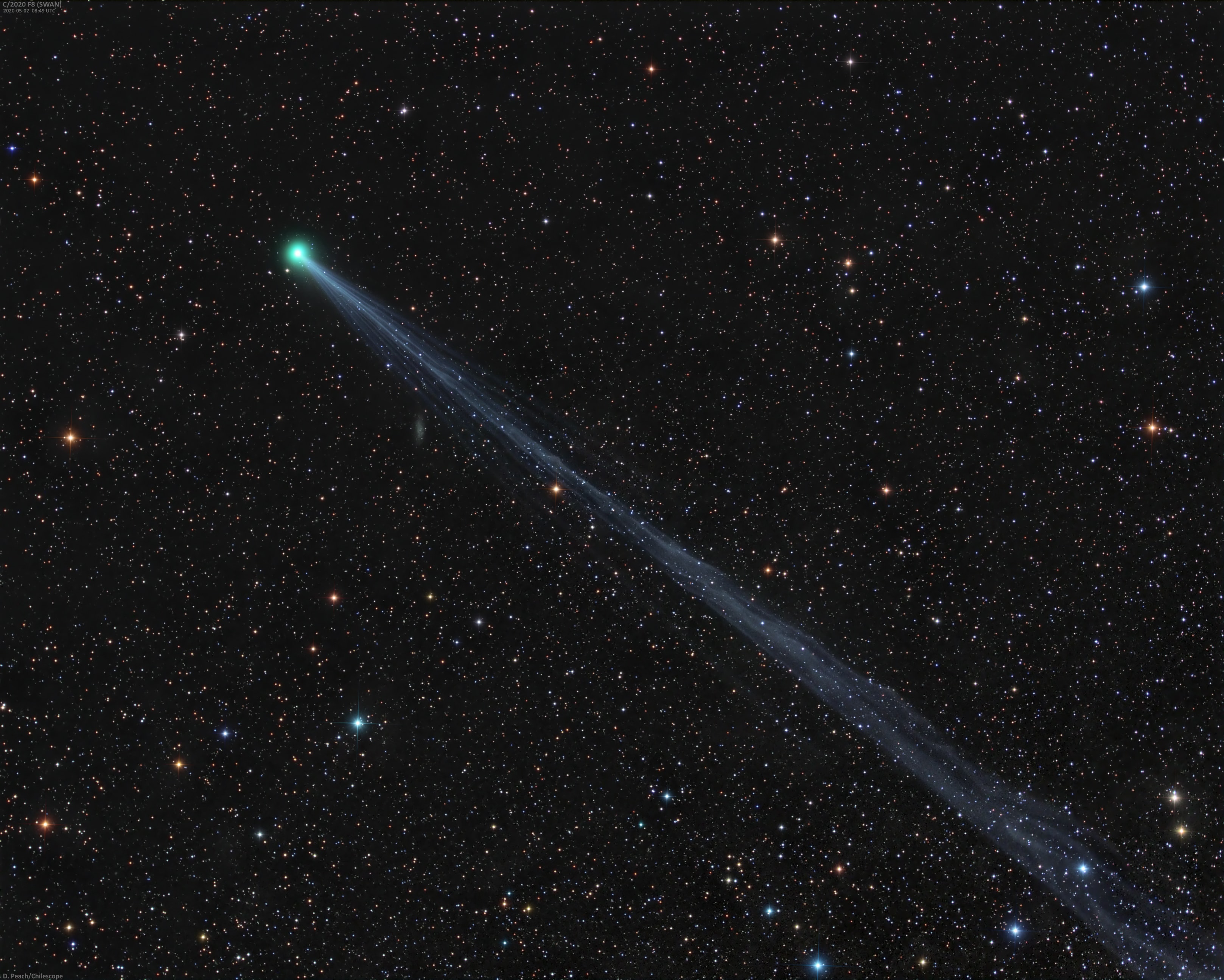 Blowing in the solar wind the spectacular ion tail of Comet SWAN (C/2020 F8) extends far across this 10 degree wide telephoto field of view. Captured on May 2 its greenish coma was about 6 light-minutes from Earth. The pretty background starfield lies near the border of the constellations Cetus and Aquarius. This comet SWAN was discovered at home by Australian amateur Michael Mattiazzo by checking images from the Sun-staring SOHO spacecraft's SWAN (Solar Wind ANisotropies) camera. The comet has now become just visible to the naked-eye as it sweeps from southern to northern skies. Appearing in morning twilight near the eastern horizon, Comet SWAN will make its closest approach to planet Earth on May 12 and reach perihelion on May 27.