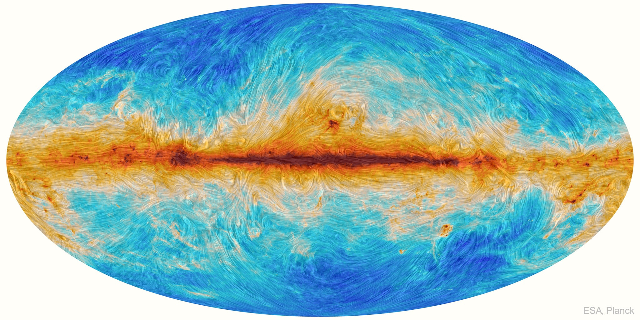 What role do magnetic fields play in interstellar physics?  Analyses of observations by ESA's Planck satellite of emission by small magnetically-aligned dust grains reveal previously unknown magnetic field structures in our Milky Way Galaxy -- as shown by the curvy lines in the featured full-sky image.  The dark red shows the plane of the Milky Way, where the concentration of dust is the highest.  The huge arches above the plane are likely remnants of past explosive events from our Galaxy's core, conceptually similar to magnetic loop-like structures seen in our Sun's atmosphere.  The curvy streamlines align with interstellar filaments of neutral hydrogen gas and provide tantalizing evidence that magnetic fields may supplement gravity in not only in shaping the interstellar medium, but in forming stars.  How magnetism affected our Galaxy's evolution will likely remain a topic of research for years to come.