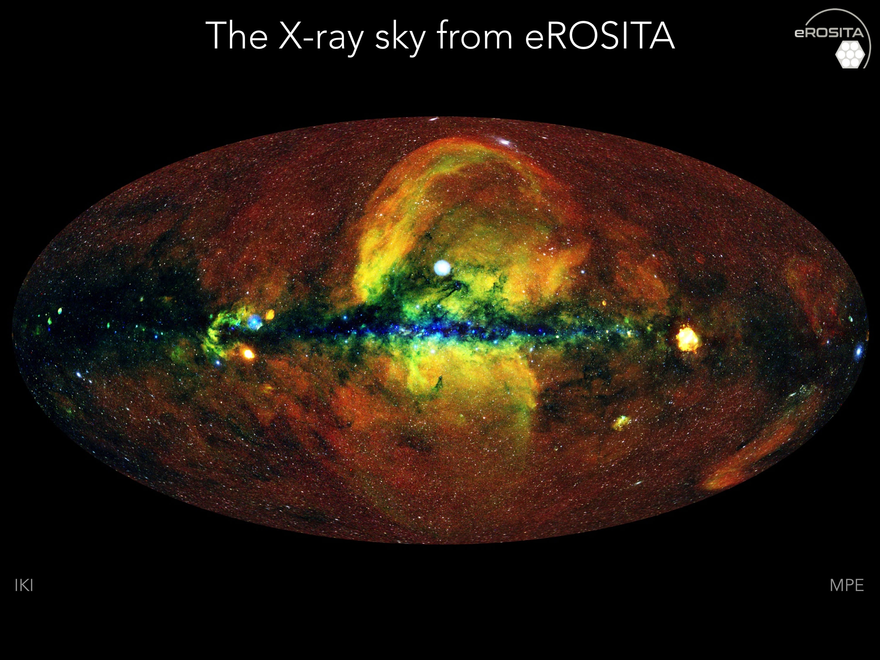 What if you could see X-rays?  The night sky would seem a strange and unfamiliar place.  X-rays are about 1,000 times more energetic than visible light photons and are produced by violent explosions and high temperature astronomical environments.  Instead of the familiar steady stars, the sky would seem to be filled with exotic stars, active galaxies, and hot supernova remnants. The featured X-ray image captures in unprecedented detail the entire sky in X-rays as seen by the eROSITA telescope onboard  Spektr-RG satellite, orbiting around the L2 point of the Sun-Earth system, launched last year. The image shows the plane of our Milky Way galaxy across the center, a diffuse and pervasive X-ray background, the hot interstellar bubble known as the North Polar Spur, sizzling supernova remnants such as Vela, the Cygnus Loop and Cas A, energetic binary stars including Cyg X-1 and Cyg X-2, the  LMC galaxy, and the Coma, Virgo, and Fornax clusters of galaxies.  This first sky scan by eROSITA located over one million X-ray sources, some of which are not understood and will surely be topics for future research.
