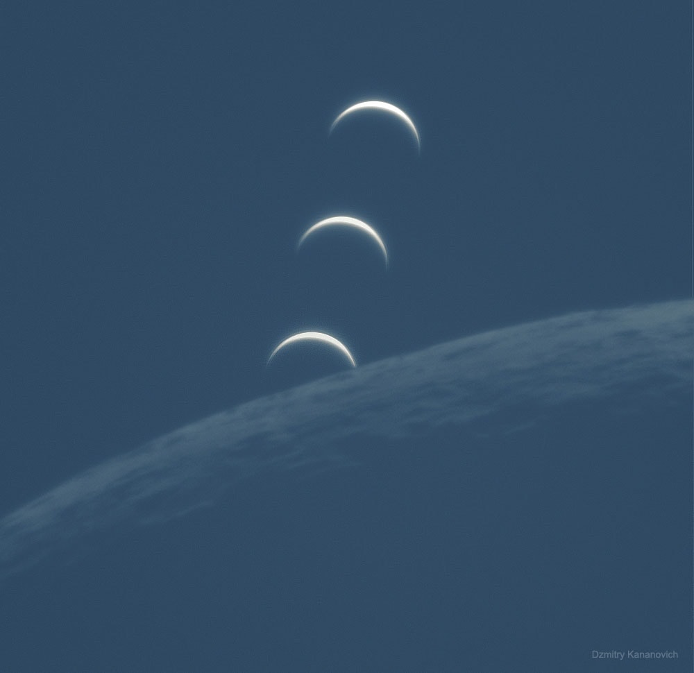 It may look like Earthrise, but it's actually Venus-set. Just after sunrise two days ago, both the Moon and Venus also rose.  But then the Moon overtook Venus. In the featured image sequence centered on the Moon, Venus is shown increasingly angularly close to the Moon. In the famous Earthrise image taken just over 50 years ago, the Earth was captured rising over the edge of the Moon, as seen from the Apollo 8 crew orbiting the Moon. This similar Venus-set image was taken from Earth, of course, specifically Estonia.  Venus shows only a thin crescent because last week it passed nearly in front of the Sun, as seen from Earth.  The Moon shows only a thin crescent because it will soon be passing directly in front of the Sun, as seen from Earth. Today, in fact, two days after this image was taken, the Moon will create a solar eclipse, with a thin swath across the Earth treated to an annular solar eclipse.    Gallery: Notable images of the Venus - Mooon conjunction of 2020 June submitted to APOD