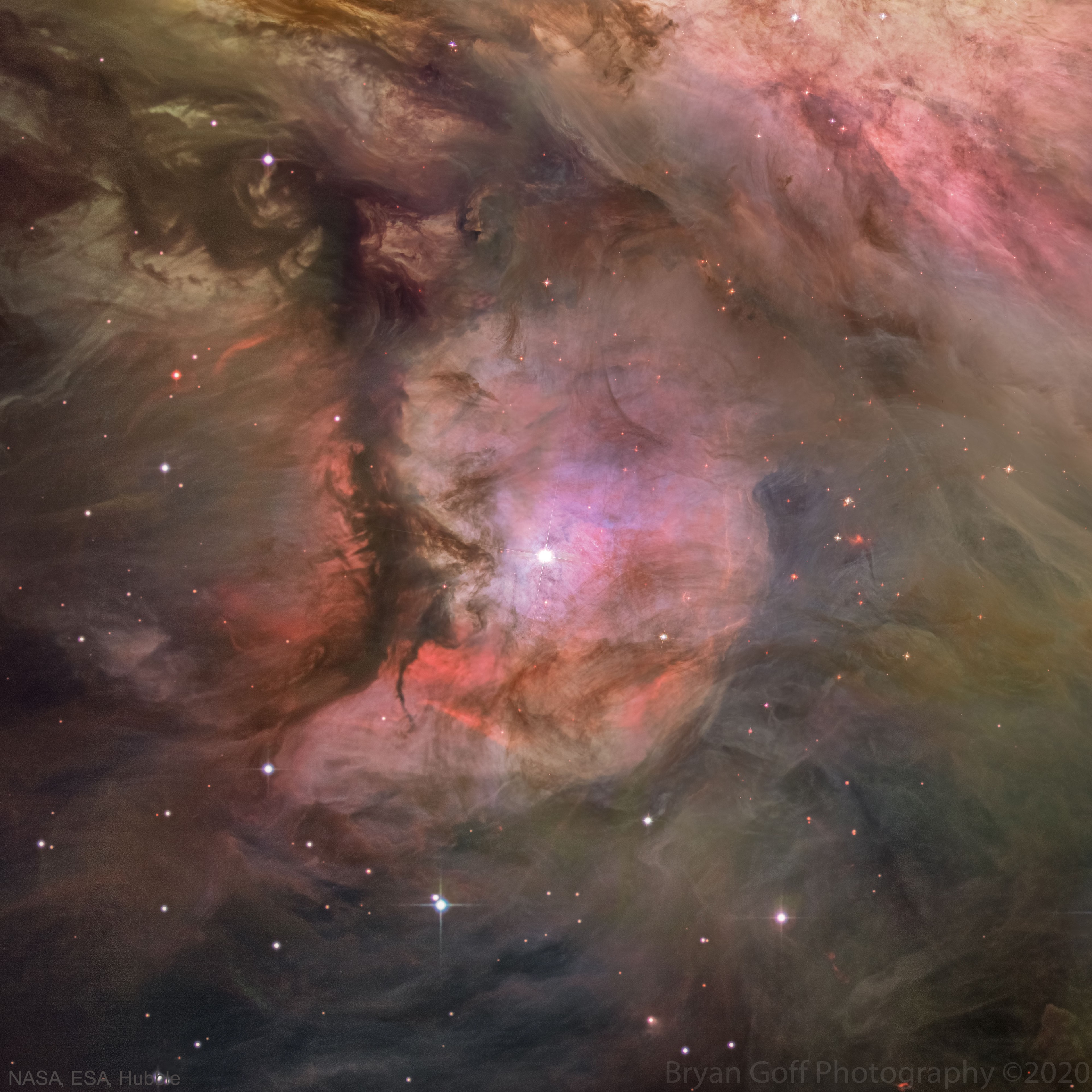Unspeakable beauty and unimaginable bedlam can be found together in the Orion Nebula Arguably the most famous of all astronomy nebulas, the Great Nebula in Orion is an immense interstellar molecular cloud only 1500 light-years away.  In the featured deep image shown in assigned colors, the part of the nebula's center known as M43 is shown as taken by the Hubble Space Telescope. The Great Nebula in Orion can be found with the unaided eye near the easily identifiable belt of three stars in the popular constellation Orion.  The entire Orion Nebula, including both M42 and M43 spans about 40 light years and is located in the same spiral arm of our Galaxy as the Sun.