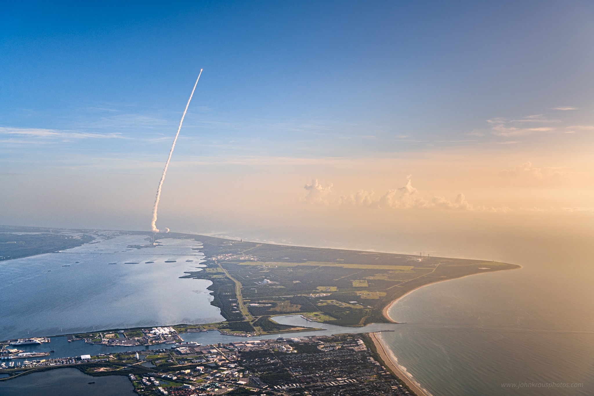 On Thursday this snapshot from a small plane 5,000 feet above Florida's Space Coast caught a rocket's trail rising into the blue morning sky. It was July's third launch of a mission from planet Earth bound for Mars. The Atlas V rocket left Cape Canaveral Air Force Station from Space Launch Complex 41 at 7:50am EDT carrying NASA's Mars 2020 Perseverance Rover. The car-sized Perseverance is headed for a landing at Jezero Crater on the Red Planet in February 2021.  On board the sophisticated rover is the Ingenuity Mars Helicopter.  Mars 2020 Launch: photos from planet Earth
