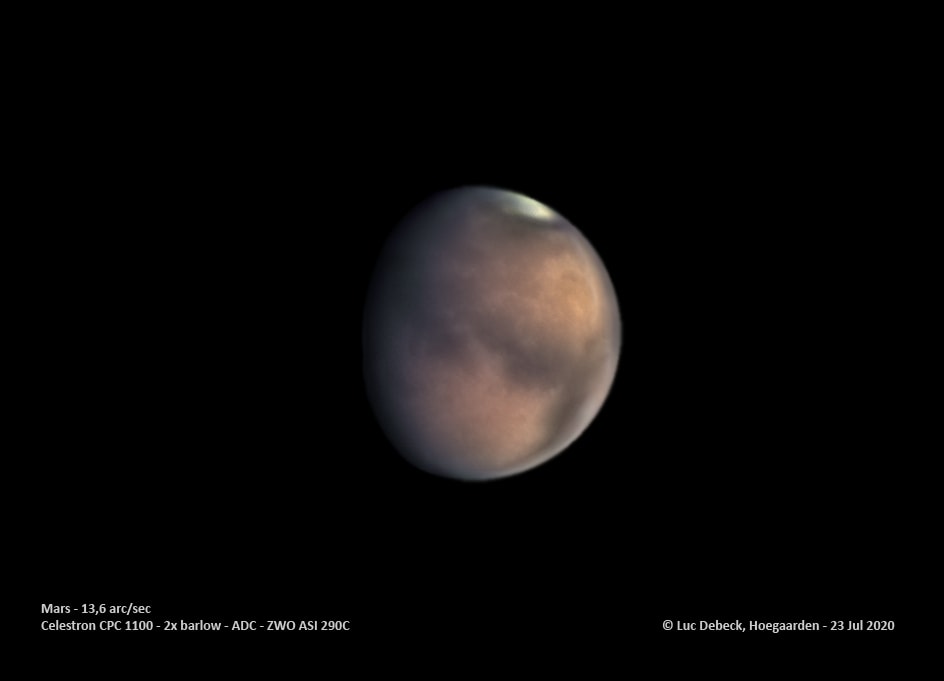 Mars looks pretty sharp in this backyard telescope image captured on July 23 from Hoegaarden, Belgium, planet Earth. The Red Planet's bright south polar cap is bathed in sunlight at the top of the inverted view, while the dark feature known as Syrtis Major extends toward the right (eastern) edge. Rising around midnight for now, the Red Planet is months away from its own opposition in early October. Telescopic views will improve even more as Earth, in its faster orbit, catches up to Mars, the ruddy disk growing larger and brighter still. The martian Jezero Crater is within the Syrtis Major region. That's the landing site for NASA's 2020 Mars Rover Perseverance, scheduled for launch today.  Comet NEOWISE images from planet Earth: July 29, 28, 27, 26, 25, 24