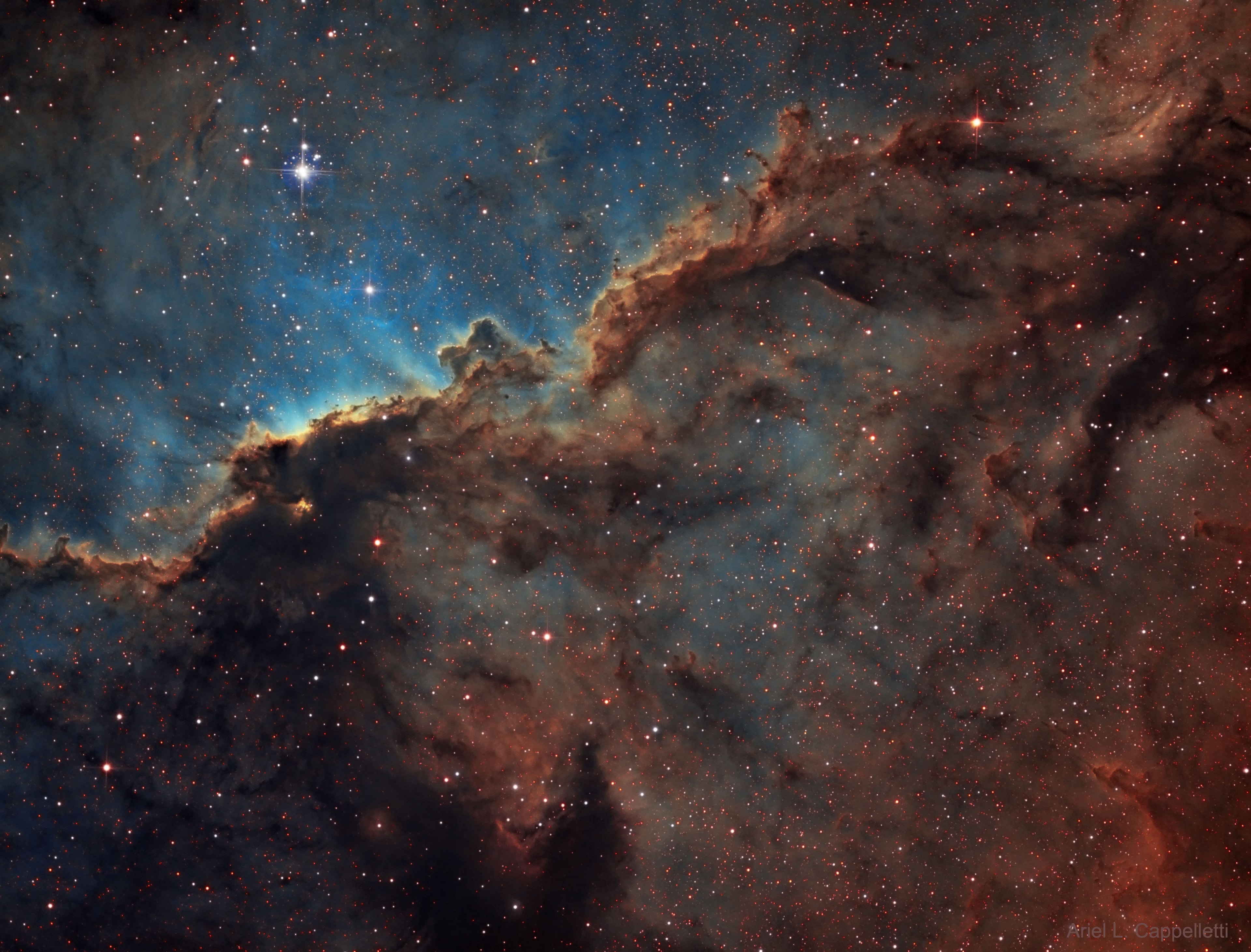 Dark shapes with bright edges winging their way through dusty NGC 6188 are tens of light-years long. The emission nebula is found near the edge of an otherwise dark and large molecular cloud in the southern constellation Ara, about 4,000 light-years away. Born in that region only a few million years ago, the massive young stars of the embedded Ara OB1 association sculpt the fantastic shapes and power the nebular glow with stellar winds and intense ultraviolet radiation. The recent star formation itself was likely triggered by winds and supernova explosions, from previous generations of massive stars, that swept up and compressed the molecular gas. The featured image accumulated over 10 hours through a backyard telescope in Córdoba, Argentina and was false-colored using the Hubble palette highlighting emission from sulfur, hydrogen, and oxygen atoms in red, green, and blue hues. The field of view spans about four full Moons, corresponding to about 150 light years at the estimated distance of NGC 6188.