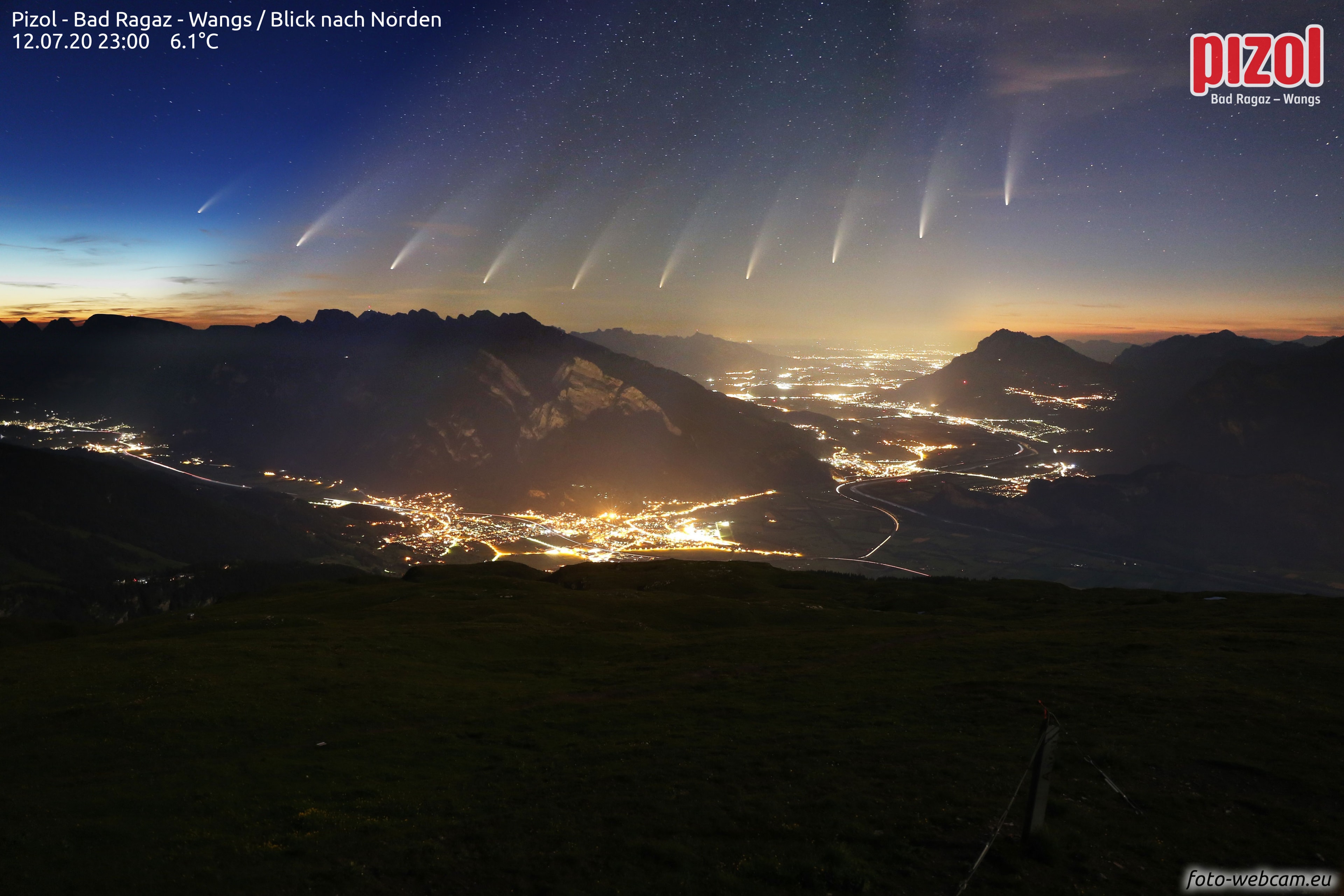 Comet NEOWISE has been wowing photographers around much of the world during dawn and dusk, at the margins of day and night.  For the most northern residents of planet Earth, however, the comet circles the North Star and never sets. The night part of this circular arc is apparent in the featured composite of images assembled from a webcam located at a ski resort in the Swiss Alps.  Images were selected at 30-minute intervals throughout the night from July 12th -13th. Comet NEOWISE (C/2020 F3) will continue to become more accessible to northern hemisphere observers as its motion places it higher in the sky each evening after sunset over the next few weeks, as it begins its outbound journey.  As with all comets, departure from the inner Solar System comes with inevitable fading.  Binoculars are the best way to find and observe the comet visually.    Notable Images of Comet NEOWISE Submitted to APOD:  || July 14  || July 13  || July 12  || July 11  || July 10 & earlier ||