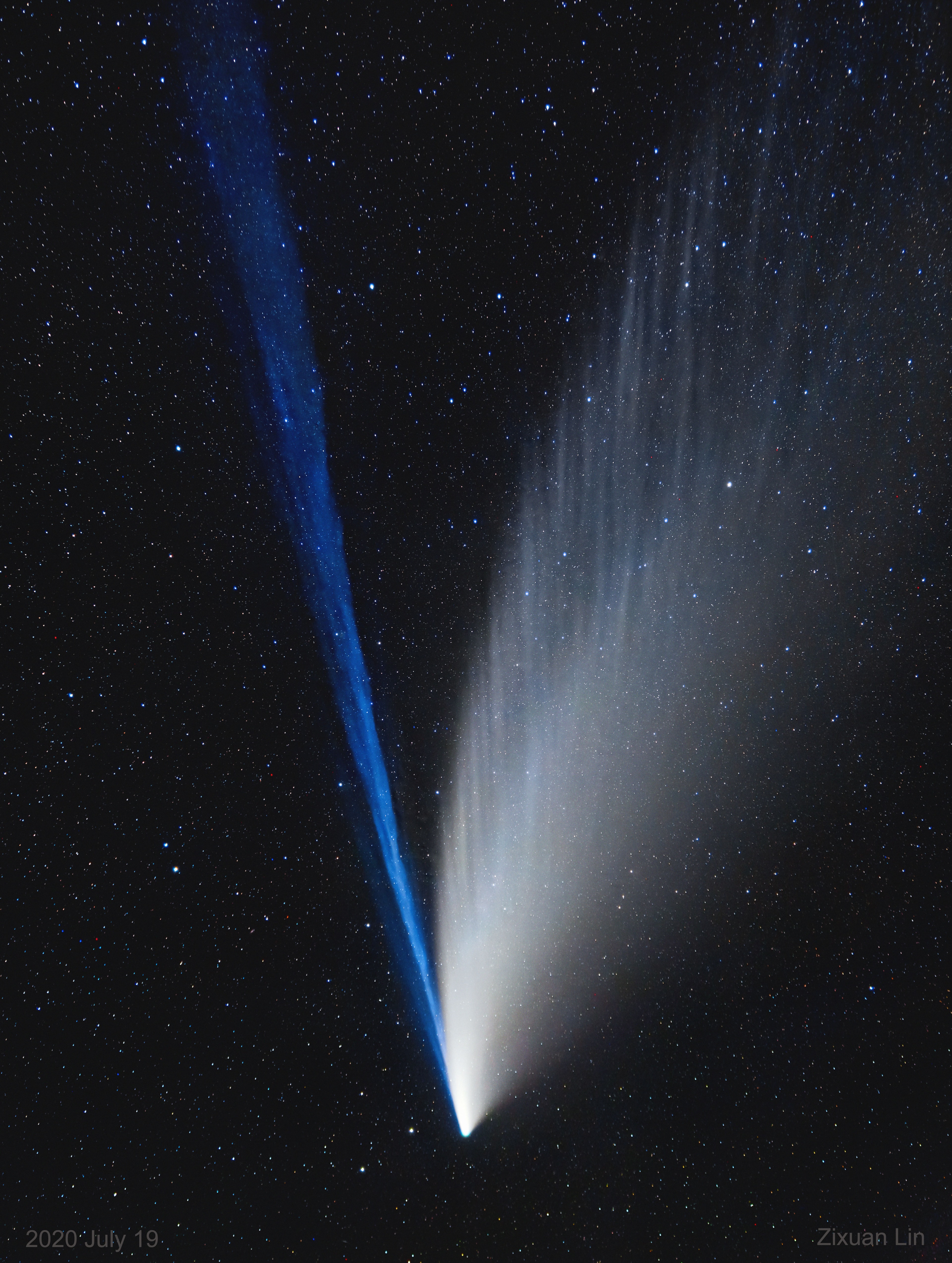 What is creating the structure in Comet NEOWISE's tails? Of the two tails evident, the blue ion tail on the left points directly away from the Sun and is pushed out by the flowing and charged solar wind. Structure in the ion tail comes from different rates of expelled blue-glowing ions from the comet's nucleus, as well as the always complex and continually changing structure of our Sun's wind. Most unusual for Comet C/2020 F3 (NEOWISE), though, is the wavy structure of its dust tail. This dust tail is pushed out by sunlight, but curves as heavier dust particles are better able to resist this light pressure and continue along a solar orbit.  Comet NEOWISE's impressive dust-tail striations are not fully understood, as yet, but likely related to rotating streams of sun-reflecting grit liberated by ice melting on its 5-kilometer wide nucleus.  The featured 40-image conglomerate, digitally enhanced, was captured three days ago through the dark skies of the Gobi Desert in Inner Mongolia, China. Comet NEOWISE will make it closest pass to the Earth tomorrow as it moves out from the Sun. The comet, already fading but still visible to the unaided eye, should fade more rapidly as it recedes from the Earth.    Notable NEOWISE Images Submitted to APOD: July  21 || 20 || 19  || 18   || 17   || 16   || 15  || 14  || 13  || 12  || 11  || 10 & earlier ||