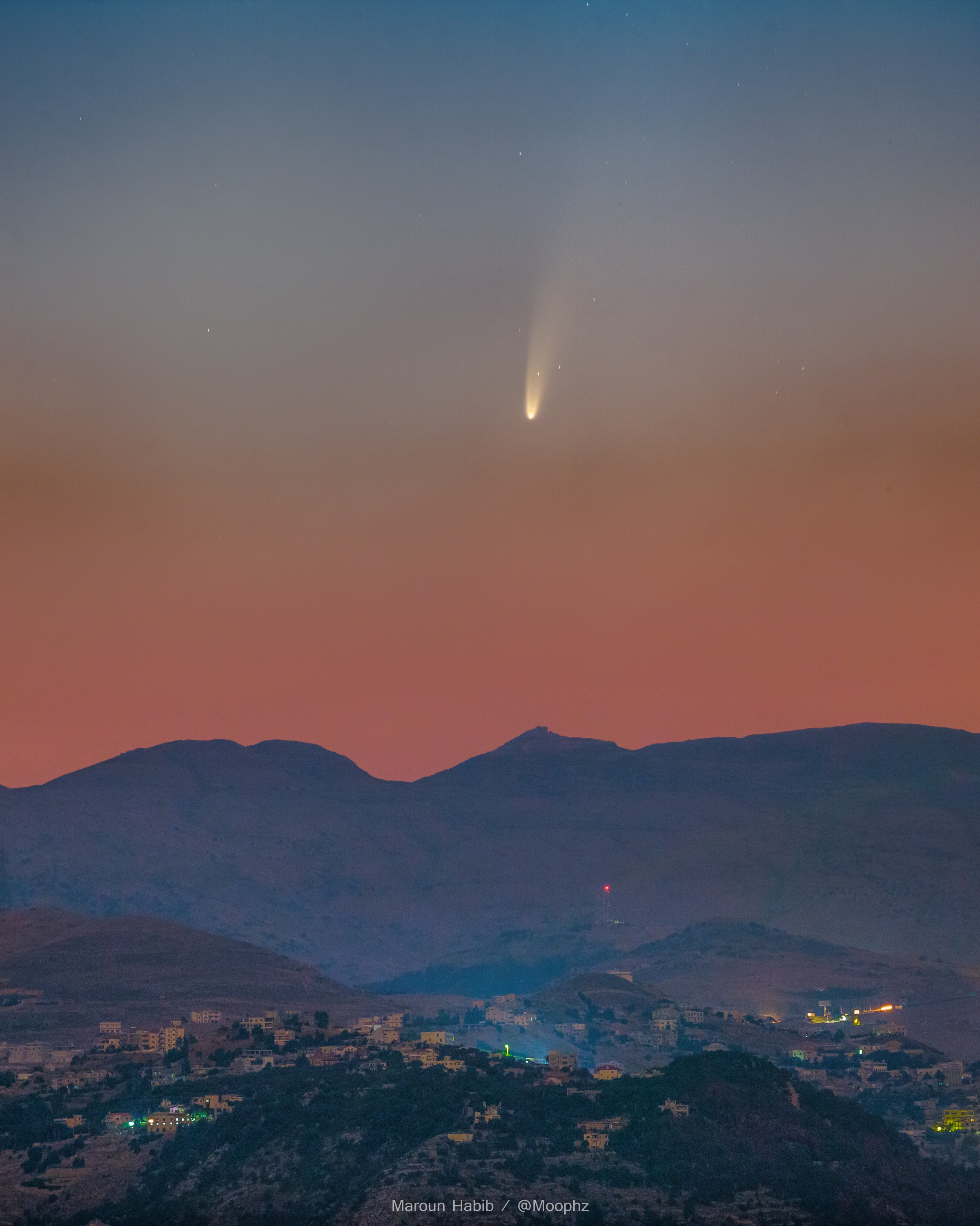A comet has suddenly become visible to the unaided eye.  Comet C/2020 F3 (NEOWISE) was discovered in late March and brightened as it reached its closest approach to the Sun, inside the orbit of Mercury, late last week. The interplanetary iceberg survived solar heating, so far, and is now becoming closer to the Earth as it starts its long trek back to the outer Solar System. As Comet NEOWISE became one of the few naked-eye comets of the 21st Century, word spread quickly, and the comet has already been photographed behind many famous sites and cities around the globe. Featured, Comet NEOWISE was captured over Lebanon two days ago just before sunrise. The future brightness of Comet NEOWISE remains somewhat uncertain but the comet will likely continue to be findable not only in the early morning sky, but also next week in the early evening sky.    Comet NEOWISE from Around the Globe: Notable Images Submitted to APOD