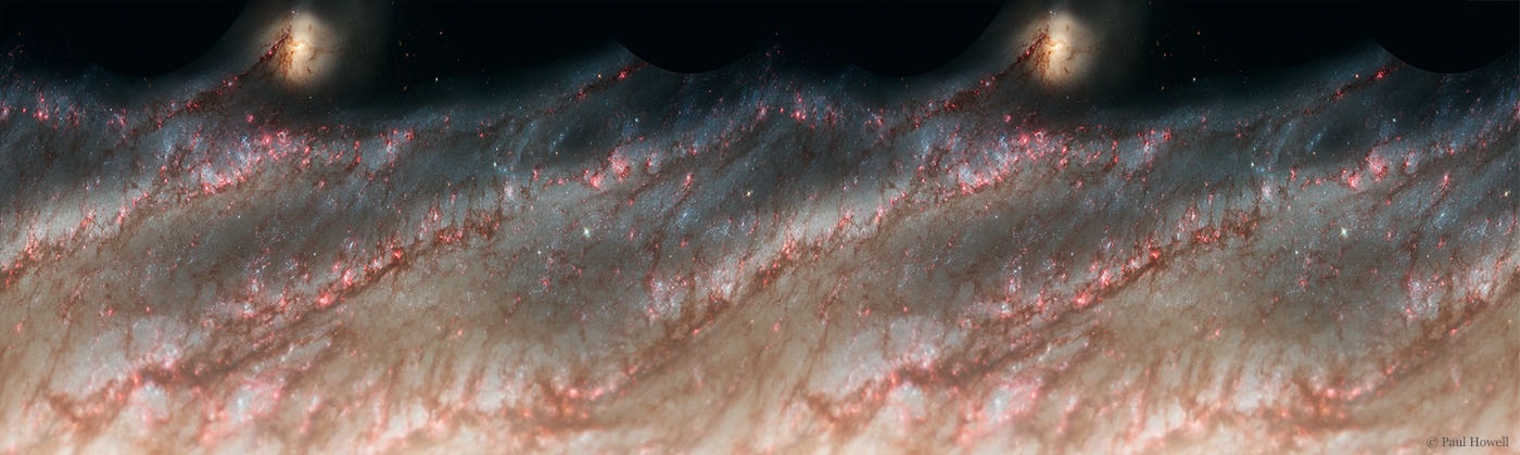 The arms of a grand design spiral galaxy 60,000 light-years across are unwound in this digital transformation of the magnificent 2005 Hubble Space Telescope portrait of M51. In fact, M51 is one of the original spiral nebulae, its winding arms described by a mathematical curve known as a logarithmic spiral, a spiral whose separation grows in a geometric way with increasing distance from the center. Applying logarithms to shift the pixel coordinates in the Hubble image relative to the center of M51 maps the galaxy's spiral arms into diagonal straight lines. The transformed image dramatically shows the arms themselves are traced by star formation, lined with pinkish starforming regions and young blue star clusters. Companion galaxy NGC 5195 (top) seems to alter the track of the arm in front of it though, and itself remains relatively unaffected by this unwinding of M51. Also known as the spira mirabilis, logarthimic spirals can be found in nature on all scales. For example, logarithmic spirals can also describe hurricanes, the tracks of subatomic particles in a bubble chamber and, of course, cauliflower.