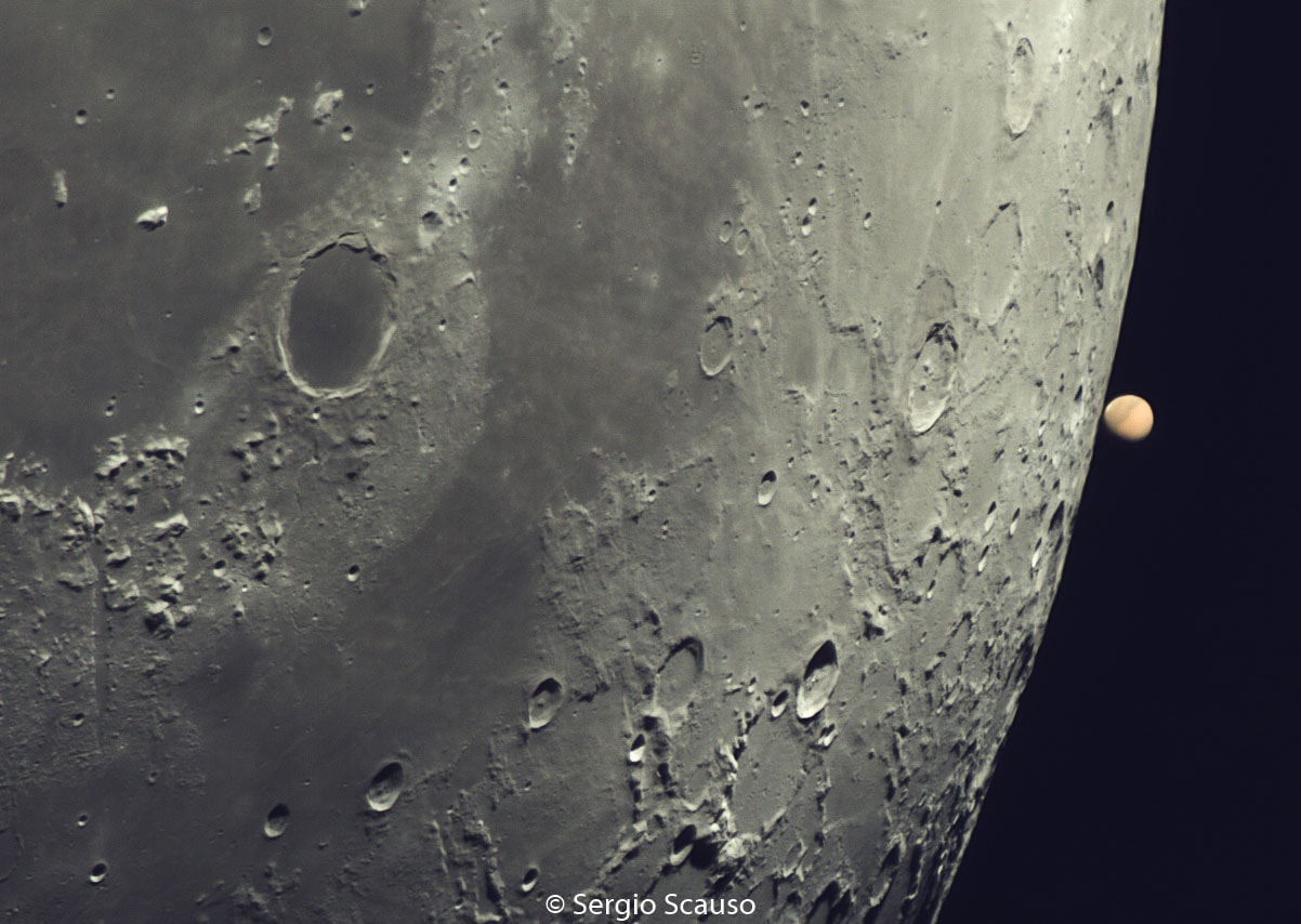 Does the Moon ever block out Mars? Yes, the Moon occasionally moves in front of all of the Solar System's planets.  Just this past Sunday, as visible from some locations in South America, a waning gibbous Moon eclipsed Mars.  The featured image from Córdoba, Argentina captured this occultation well, showing a familiar cratered Moon in the foreground with the bright planet Mars unusually adjacent.  Within a few seconds, Mars then disappeared behind the Moon, only to reappear a few minutes later across the Moon.  Today the Moon moves close to, but not in front of, Venus.  Because alignments will not have changed by much, the next two times the Moon passes through this part of the sky – in early September and early October – it will also occult Mars, as seen from parts of South America.    Perseid Meteor Shower: Notable images submitted to APOD
