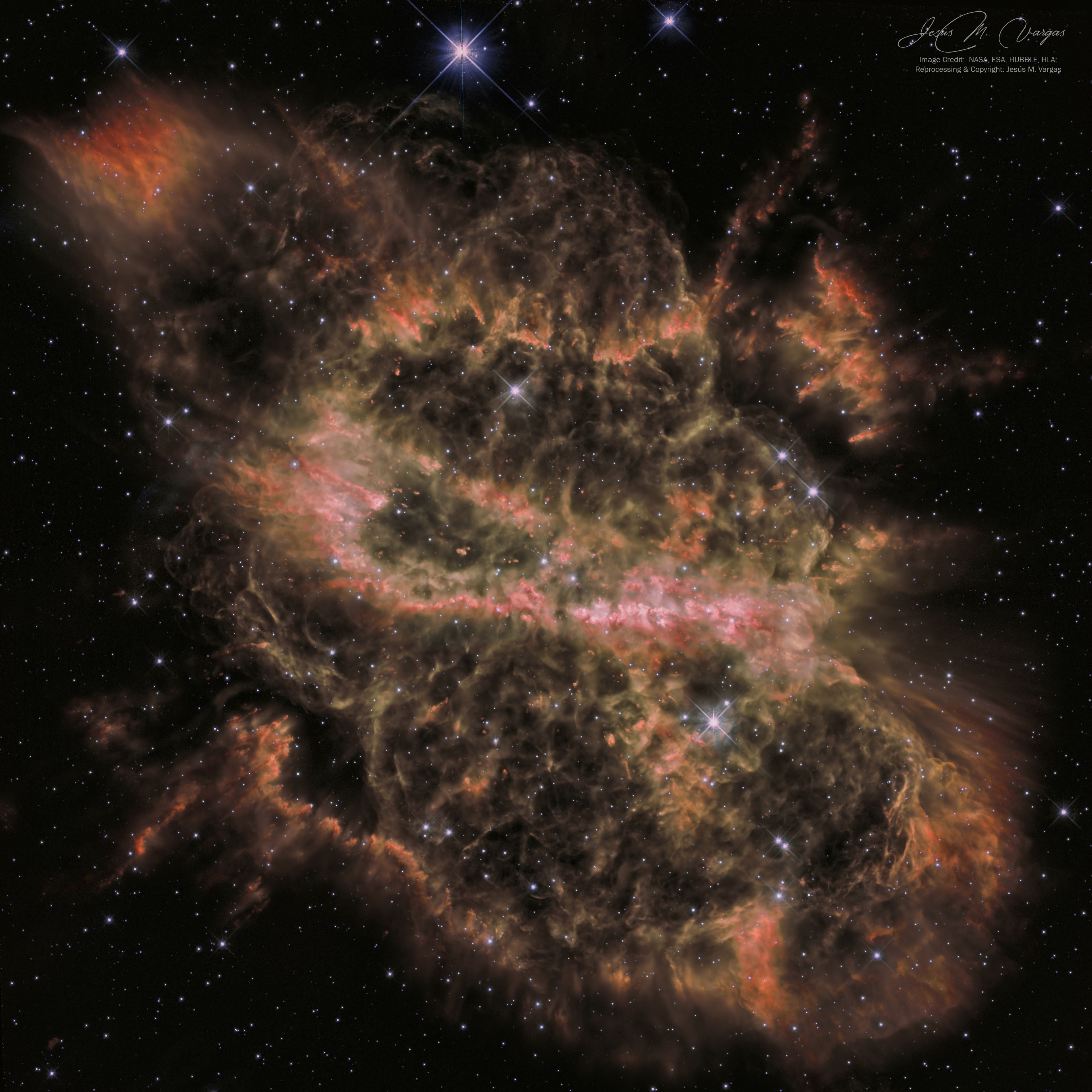 Why is this nebula so complex? When a star like our Sun is dying, it will cast off its outer layers, usually into a simple overall shape. Sometimes this shape is a sphere, sometimes a double lobe, and sometimes a ring or a helix.  In the case of planetary nebula NGC 5189, however, besides an overall "Z" shape (the featured image is flipped horizontally and so appears as an "S"), no such simple structure has emerged.  To help find out why, the Earth-orbiting Hubble Space Telescope has observed NGC 5189 in great detail. Previous findings indicated the existence of multiple epochs of material outflow, including a recent one that created a bright but distorted torus running horizontally across image center.  Hubble results appear consistent with a hypothesis that the dying star is part of a binary star system with a precessing symmetry axis. NGC 5189 spans about three light years and lies about 3,000 light years away toward the southern constellation of the Fly (Musca).