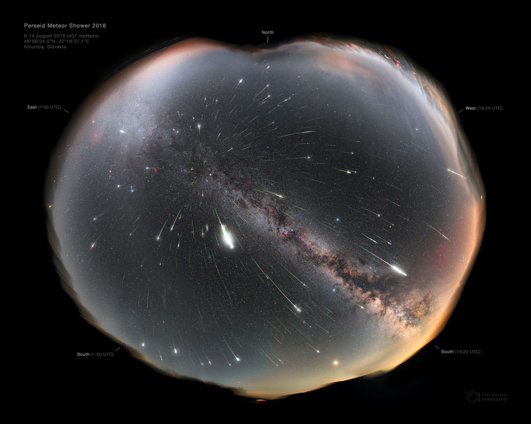 Where are all these meteors coming from?  In terms of direction on the sky, the pointed answer is the constellation of Perseus.  That is why the meteor shower that peaks tomorrow night is known as the Perseids -- the meteors all appear to came from a radiant toward Perseus. In terms of parent body, though, the sand-sized debris that makes up the Perseids meteors come from Comet Swift-Tuttle. The comet follows a well-defined orbit around our Sun, and the part of the orbit that approaches Earth is superposed in front of the Perseus. Therefore, when Earth crosses this orbit, the radiant point of falling debris appears in Perseus. Featured here, a composite image taken over eight nights and containing over 400 meteors from 2018 August's Perseids meteor shower shows many bright meteors that streaked over Kolonica Observatory in Slovakia.  This year's Perseids holds promise to be one of the best meteor showers of the year.