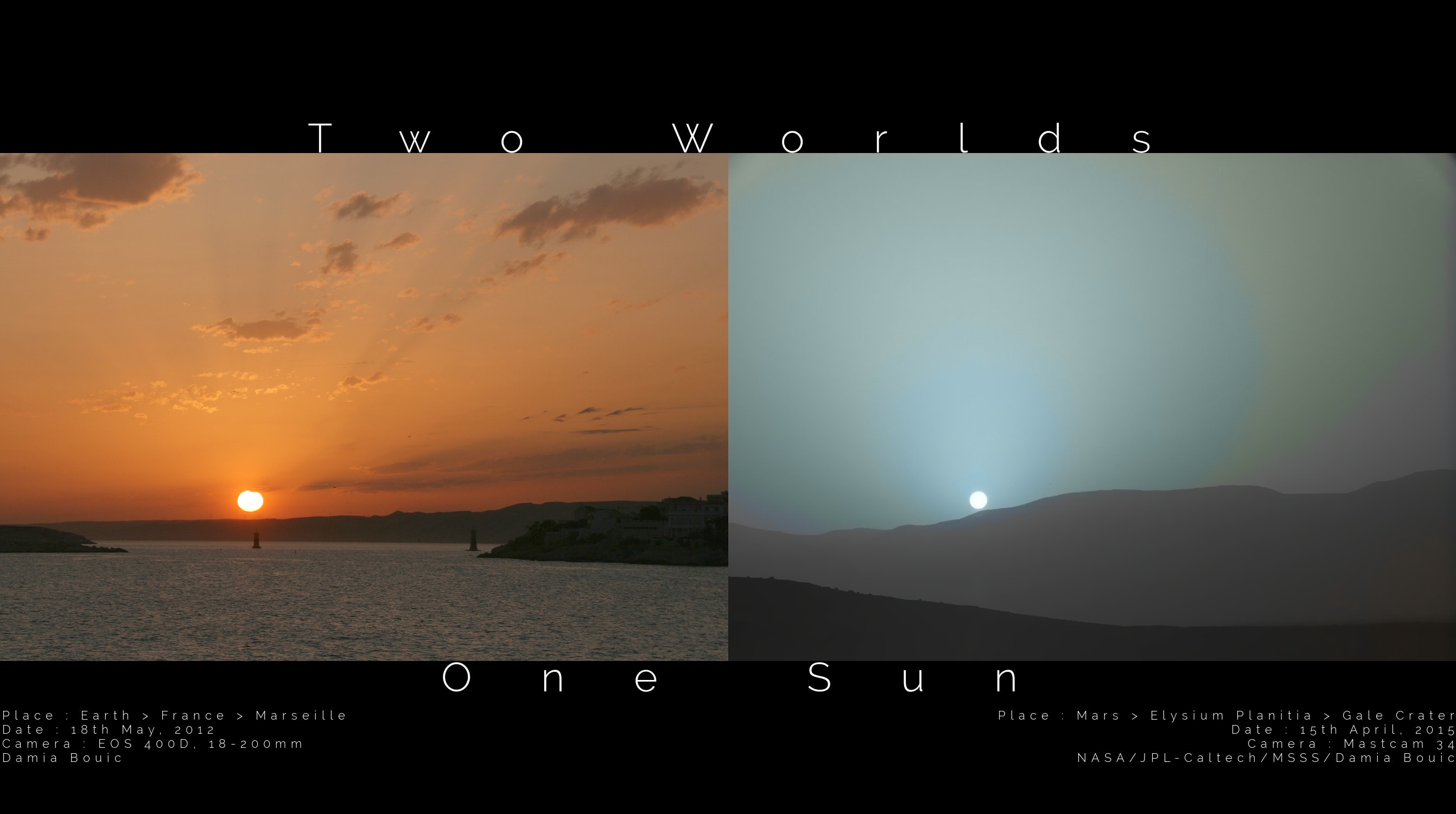 How different does sunset appear from Mars than from Earth? For comparison, two images of our common star were taken at sunset, one from Earth and one from Mars. These images were scaled to have same angular width and featured here side-by-side. A quick inspection will reveal that the Sun appears slightly smaller from Mars than from Earth. This makes sense since Mars is 50% further from the Sun than Earth. More striking, perhaps, is that the Martian sunset is noticeably bluer near the Sun than the typically orange colors near the setting Sun from Earth. The reason for the blue hues from Mars is not fully understood, but thought to be related to forward scattering properties of Martian dust. The terrestrial sunset was taken in 2012 March from Marseille, France, while the Martian sunset was captured in 2015 by NASA's robotic Curiosity rover from Gale crater on Mars. Last week a new rover and a helicopter -- onboard Mars 2020 -- launched for Mars.