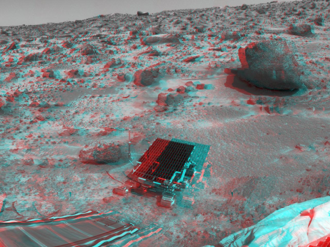 From July of 1997, a ramp from the Pathfinder lander, the Sojourner robot rover, airbags, a couch, Barnacle Bill and Yogi Rock appear together in this 3D stereo view of the surface of Mars. Barnacle Bill is the rock just left of the solar-paneled Sojourner. Yogi is the big friendly-looking boulder at top right. The "couch" is the angular rock shape visible near center on the horizon. Look at the image with red/blue glasses (or just hold a piece of clear red plastic over your left eye and blue or green over your right) to get the dramatic 3D perspective. The stereo view was recorded by the remarkable Imager for Mars Pathfinder (IMP) camera. The IMP had two optical paths for stereo imaging and ranging and was equipped with an array of color filters for spectral analysis.  Operating as the first astronomical observatory on Mars, the IMP also recorded images of the Sun and Deimos, the smallest of Mars' two tiny moons. This July saw the launch of NASA's Mars Perseverance Rover on a mission to the Red Planet.