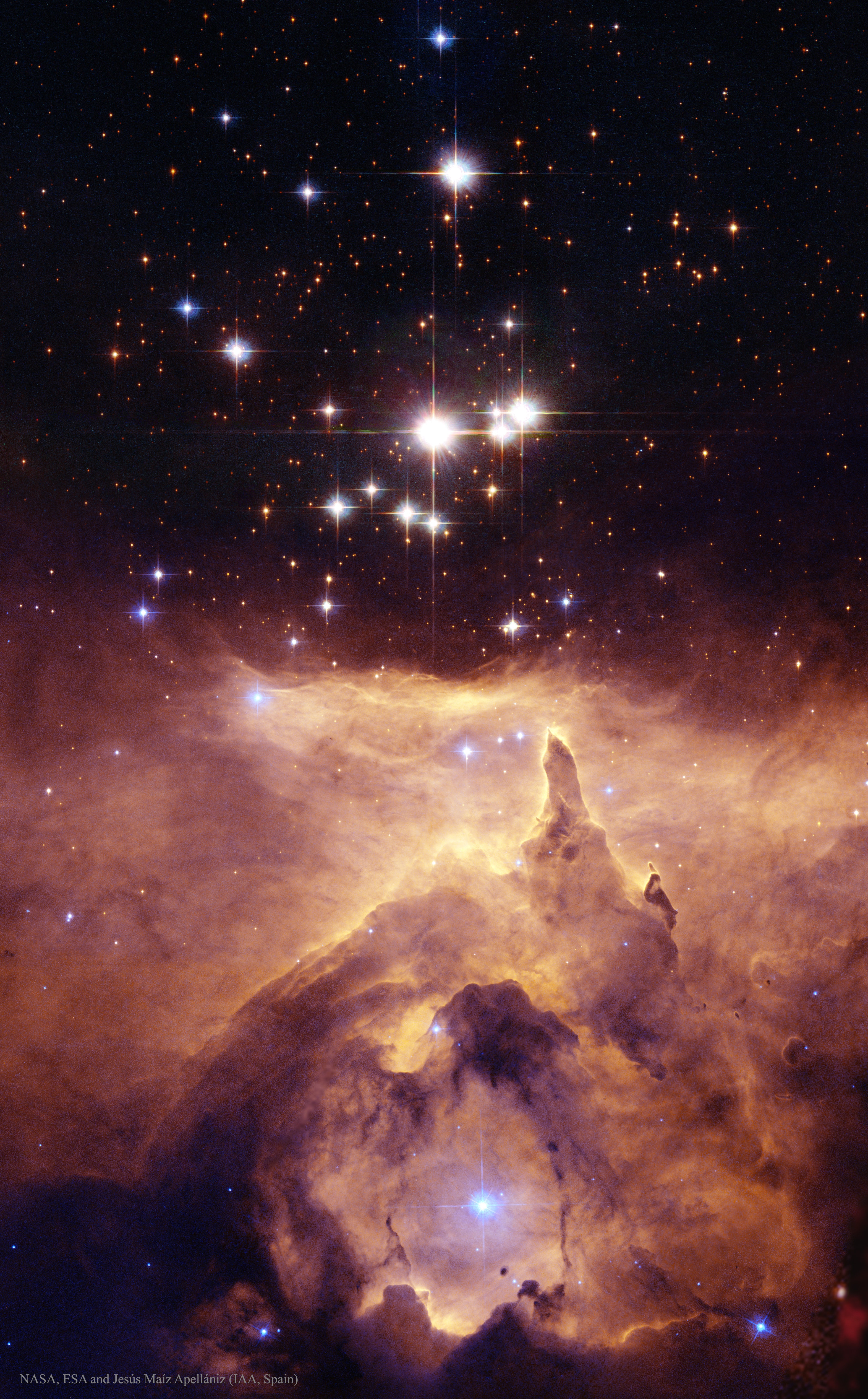 How massive can a normal star be?  Estimates made from distance, brightness and standard solar models had given one star in the open cluster Pismis 24 over 200 times the mass of our Sun, making it one of the most massive stars known.  This star is the brightest object located just above the gas front in the featured image.  Close inspection of images taken with the Hubble Space Telescope, however, have shown that Pismis 24-1 derives its brilliant luminosity not from a single star but from three at least.  Component stars would still remain near 100 solar masses, making them among the more massive stars currently on record.  Toward the bottom of the image, stars are still forming in the associated emission nebula NGC 6357. Appearing perhaps like a Gothic cathedral, energetic stars near the center appear to be breaking out and illuminating a spectacular cocoon.   Teachers & Students: Ideas for Utilizing APOD in the Classroom