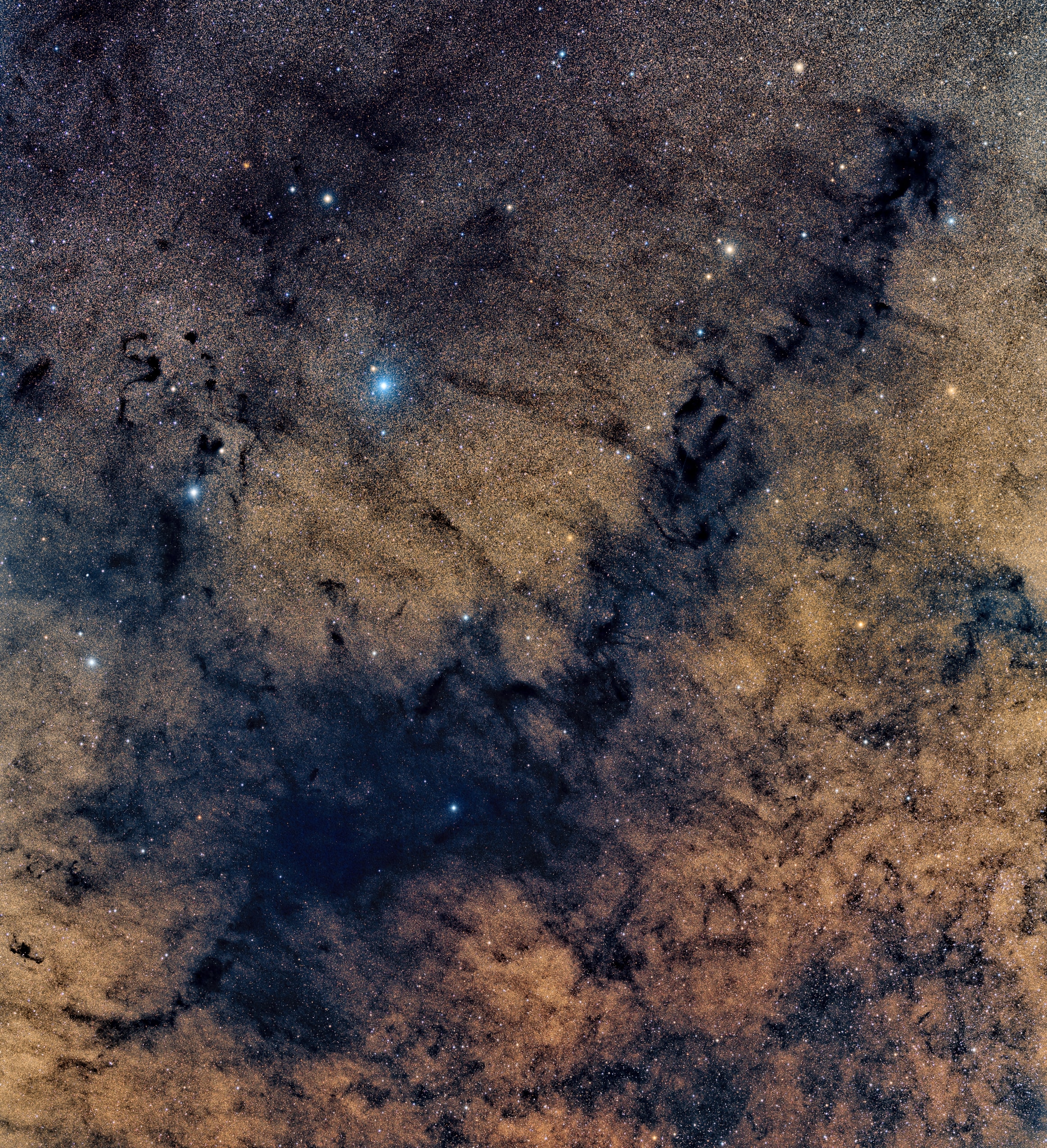 st of Antares, dark markings sprawl through crowded star fields toward the center of our Milky Way Galaxy. Cataloged in the early 20th century by astronomer E. E. Barnard, the obscuring interstellar dust clouds include B59, B72, B77 and B78, seen in against the starry background. Here, their combined shape suggests a pipe stem and bowl, and so the dark nebula's popular name is the Pipe Nebula. The deep and expansive view covers a full 10 by 10 degree field in the pronounceable constellation Ophiuchus. The Pipe Nebula is part of the Ophiuchus dark cloud complex located at a distance of about 450 light-years. Dense cores of gas and dust within the Pipe Nebula are collapsing to form stars.