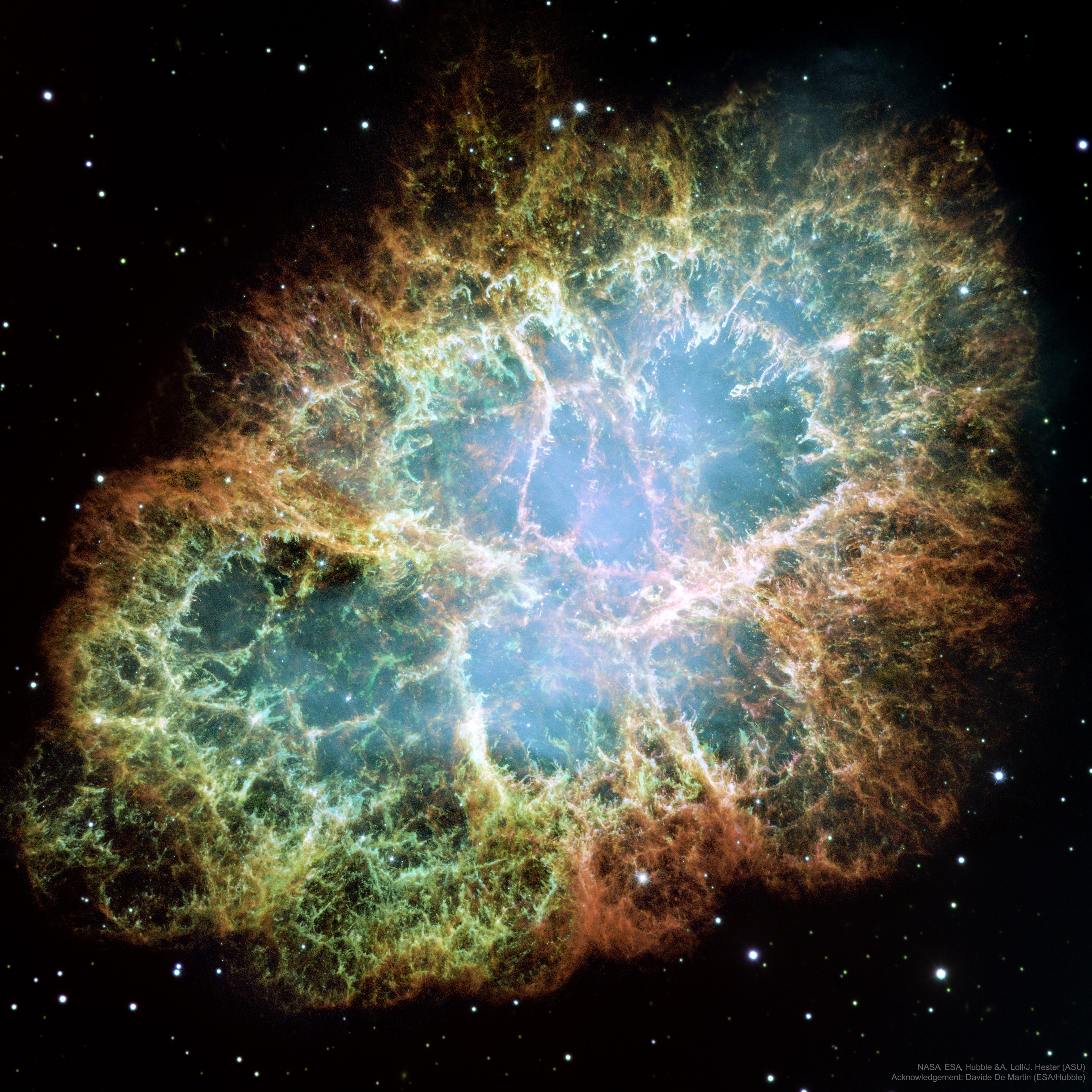 This is the mess that is left when a star explodes.  The Crab Nebula, the result of a supernova seen in 1054 AD, is filled with mysterious filaments.  The filaments are not only tremendously complex, but appear to have less mass than expelled in the original supernova and a higher speed than expected from a free explosion.  The featured image, taken by the Hubble Space Telescope, is presentedi in three colors chosen for scientific interest.  The Crab Nebula spans about 10 light-years.  In the nebula's very center lies a pulsar: a neutron star as massive as the Sun but with only the size of a small town.  The Crab Pulsar rotates about 30 times each second.