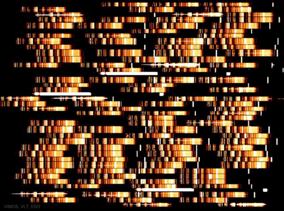 In the distant universe, time appears to run slowly.  Since time-dilated light appears shifted toward the red end of the spectrum (redshifted), astronomers are able to use cosmological time-slowing to help measure vast distances in the universe.  Featured, the light from distant galaxies has been broken up into its constituent colors (spectra), allowing astronomers to measure the cosmological redshift of known spectral lines.  The novelty of the featured image is that the distance to hundreds of galaxies can be measured from a single frame, in this case one taken by the Visible MultiObject Spectrograph (VIMOS) operating at the Very Large Telescope (VLT) array in Chile.  Analyzing the space distribution of distant objects will allow insight into when and how stars and galaxies formed, clustered, and evolved in the early universe.