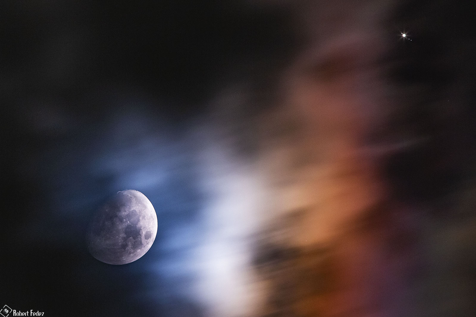 How many moons do you see? Many people would say one, referring to the Earth's Moon, prominent on the lower left. But take a closer look at the object on the upper right. That seeming-star is actually the planet Jupiter, and your closer look might reveal that it is not alone – it is surrounded by some of its largest moons. From left to right these Galilean Moons are Io, Ganymende, Europa and Callisto. These moons orbit the Jovian world just like the planets of our Solar System orbit the Sun, in a line when seen from the side.  The featured single shot was captured from Cancun, Mexico last week as Luna, in its orbit around the Earth, glided past the distant planet.  Even better views of Jupiter are currently being captured by NASA's Juno spacecraft, now in a looping orbit around the Solar System's largest planet.  Earth's Moon will continue to pass nearly in front of both Jupiter and Saturn once a month (moon-th) as the two giant planets approach their own great conjunction in December.   Almost Hyperspace: Random APOD Generator