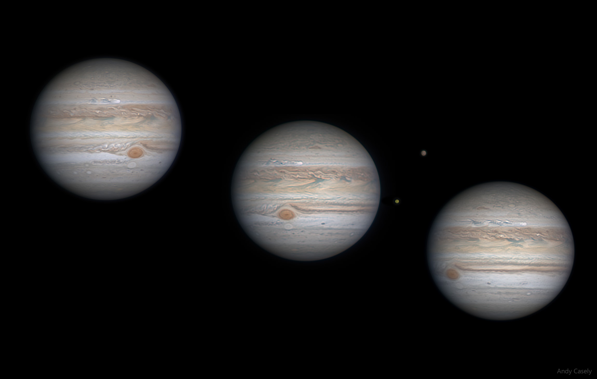 A bright storm head with a long turbulent wake swims across Jupiter in these sharp telescopic images of the Solar System's ruling gas giant. Captured on August 26, 28, and September 1 (left to right) the storm approximately doubles in length during that period. Stretching along the jetstream of the planet's North Temperate Belt it travels eastward in successive frames, passing the Great Red Spot and whitish Oval BA, famous storms in Jupiter's southern hemisphere. Galilean moons Callisto and Io are caught in the middle frame. In fact, telescopic skygazers following Jupiter in planet Earth's night have reported dramatic fast moving storm outbreaks over the past few weeks in Jupiter's North Temperate Belt.