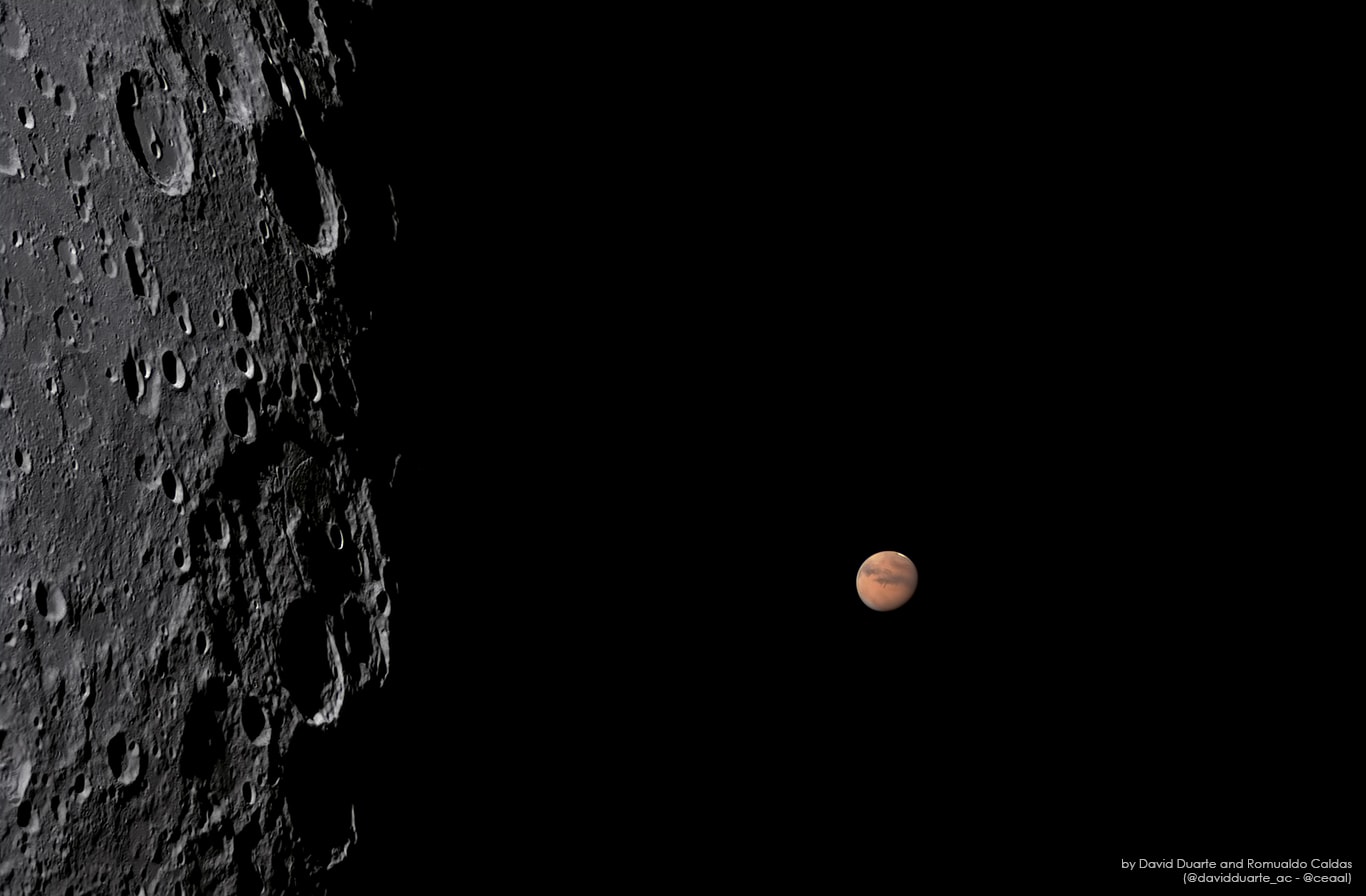 Mars reappears just beyond the Moon's dark limb in this stack of sharp video frames captured on September 6. Of course to reappear it had to disappear in the first place. It did that over an hour earlier when the sunlit southern edge of the waning gibbous Moon passed in front of the Red Planet as seen from Maceio, Brazil. The lunar occultation came as the Moon was near apogee, about 400,000 kilometers away. Mars was almost 180 times more distant. It was the fourth lunar occultation of Mars visible from planet Earth in 2020. Visible from some southern latitudes, the fifth lunar occultation of Mars in 2020 will take place on October 3 when the Moon and Mars are both nearly opposite the Sun in planet Earth's sky.